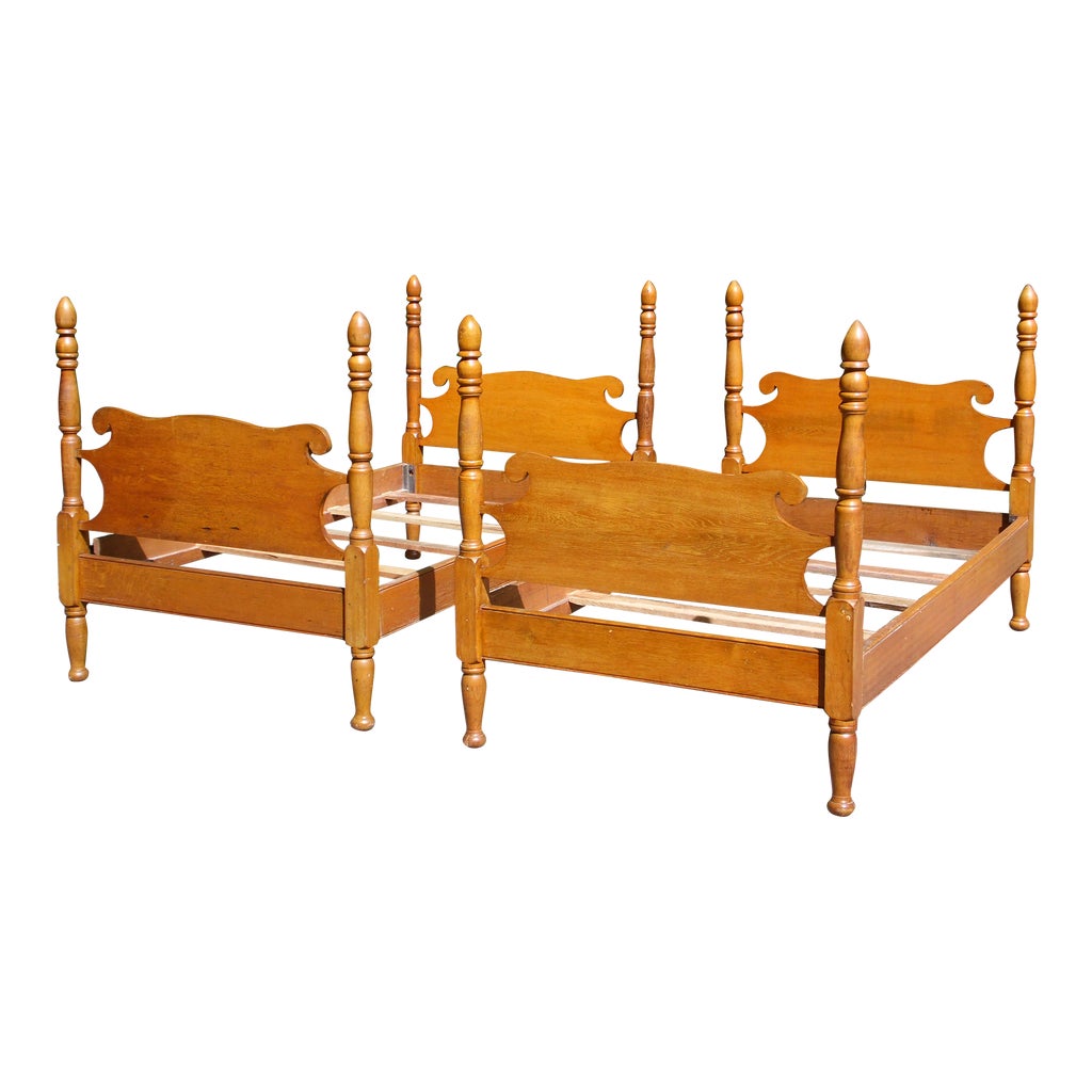 Antique 19th C. Pair Twin Poster Beds Solid Oak + Chestnut Single Bed ...