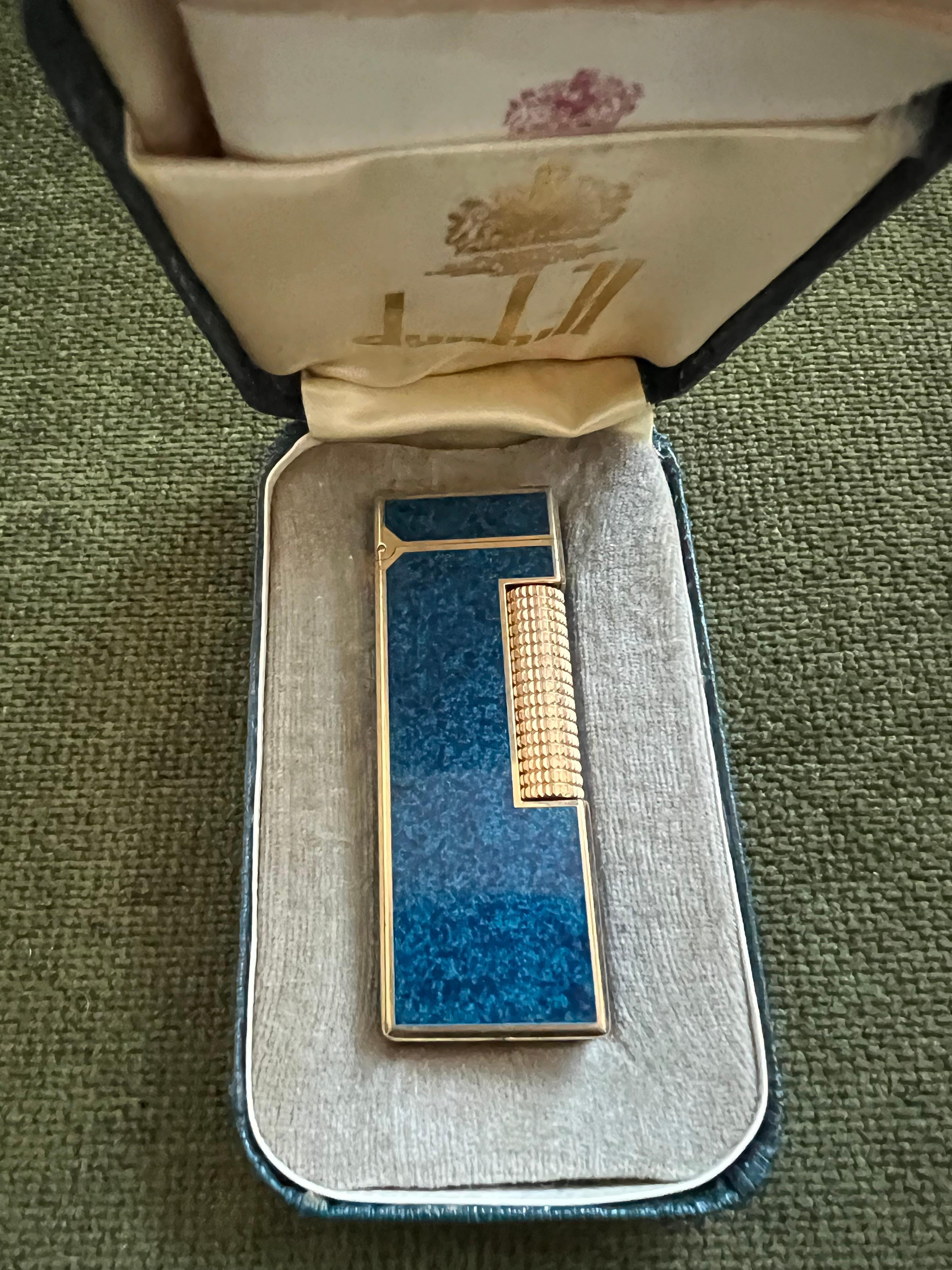 Rare Vintage Dunhill Gold Plated Blue Marble Lacquer Lighter