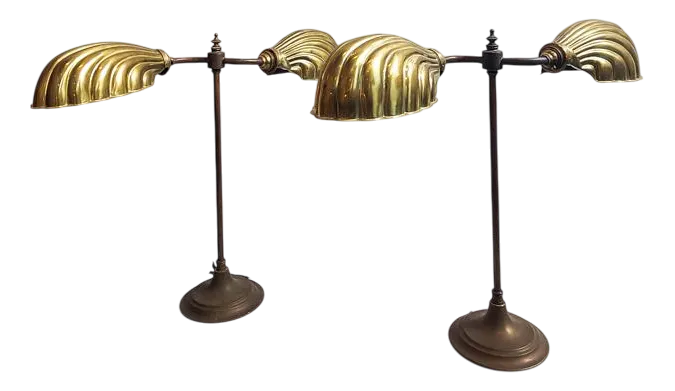 Art Deco English Brass Double Shell Shade Desk Light, 1920s