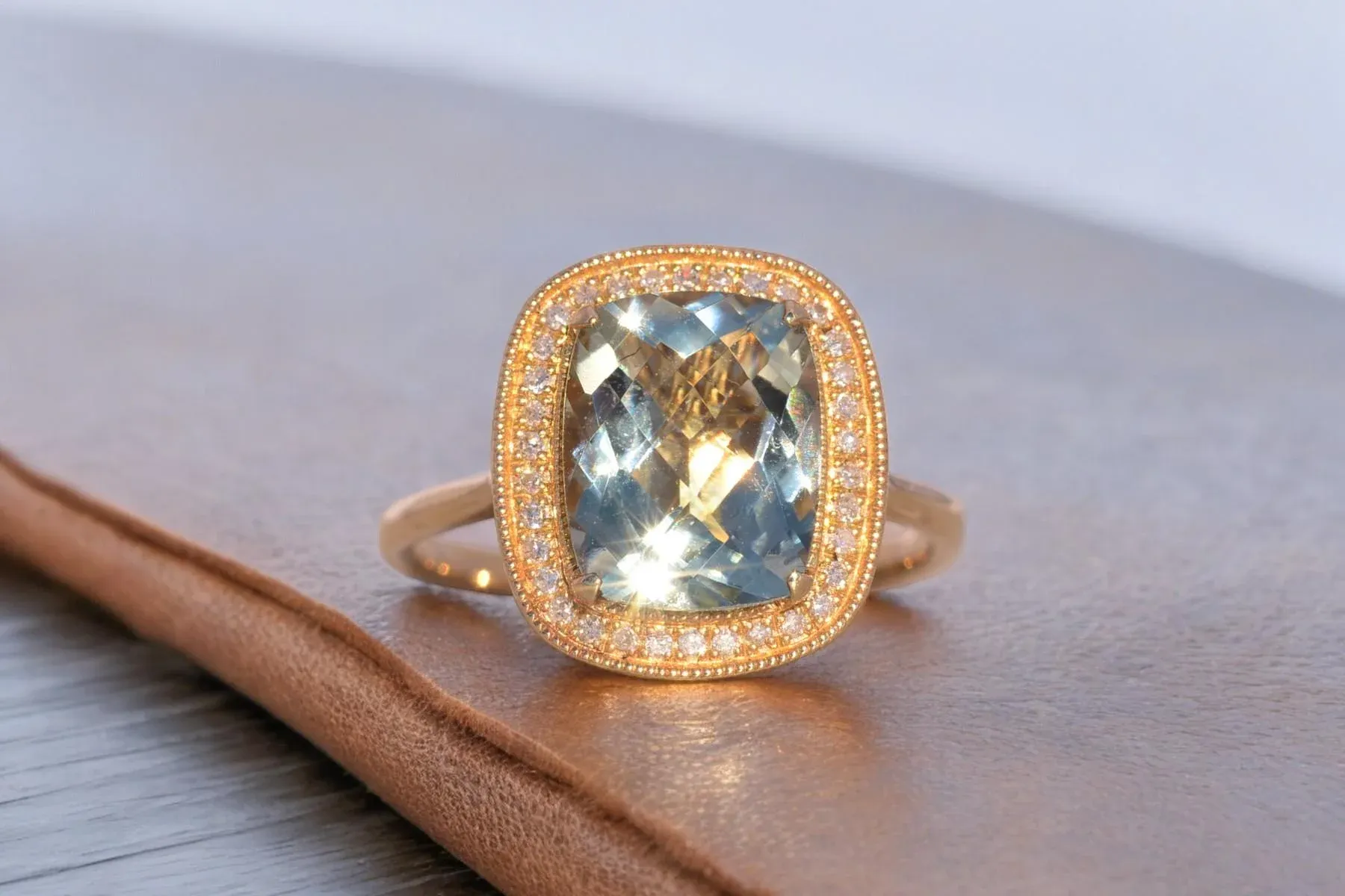 Praisiolite and Natural Diamond Halo Ring in Yellow Gold main image 5