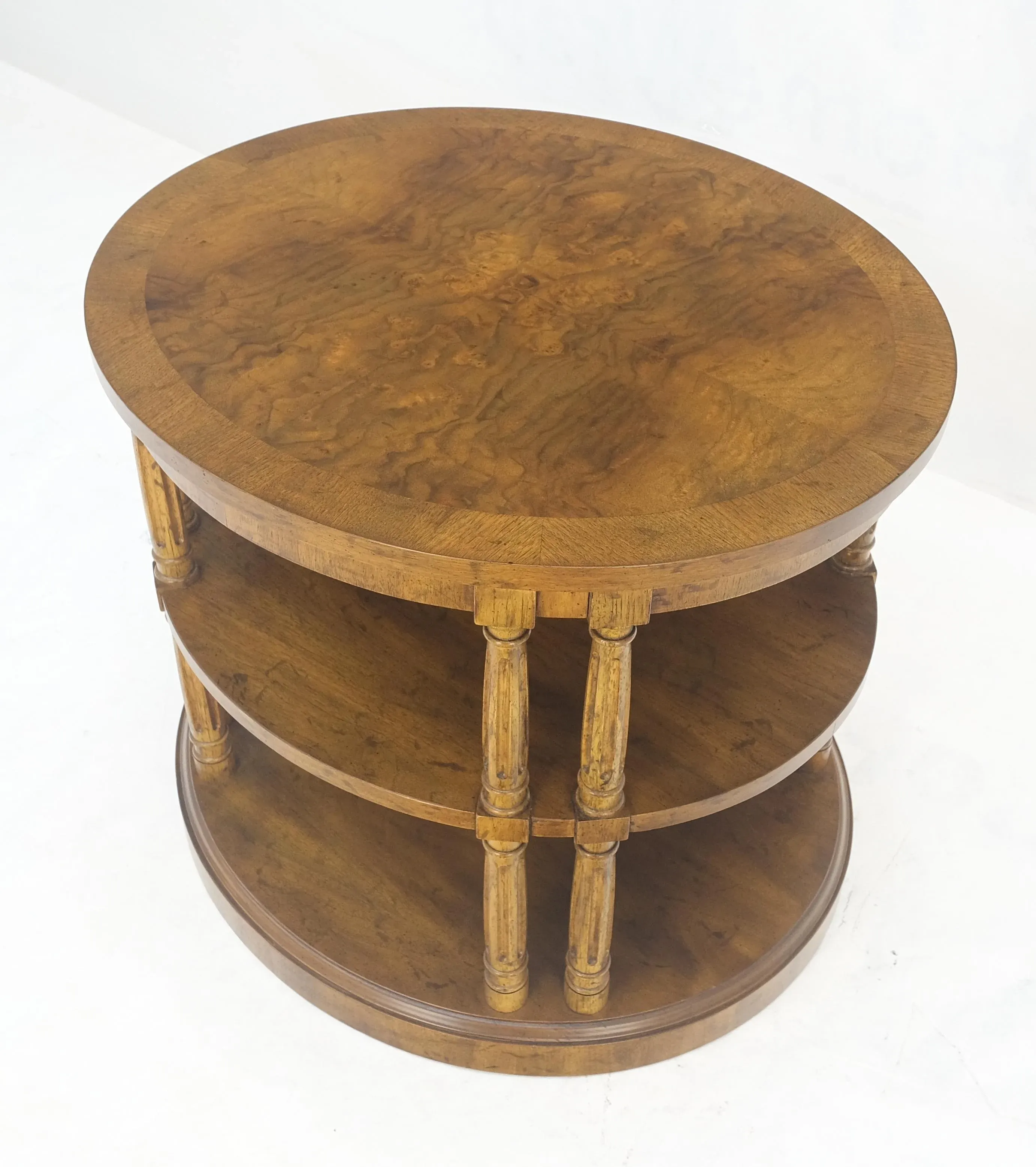 Henredon Oval Burl Walnut 3 Tier Sied End Lamp Table Stand