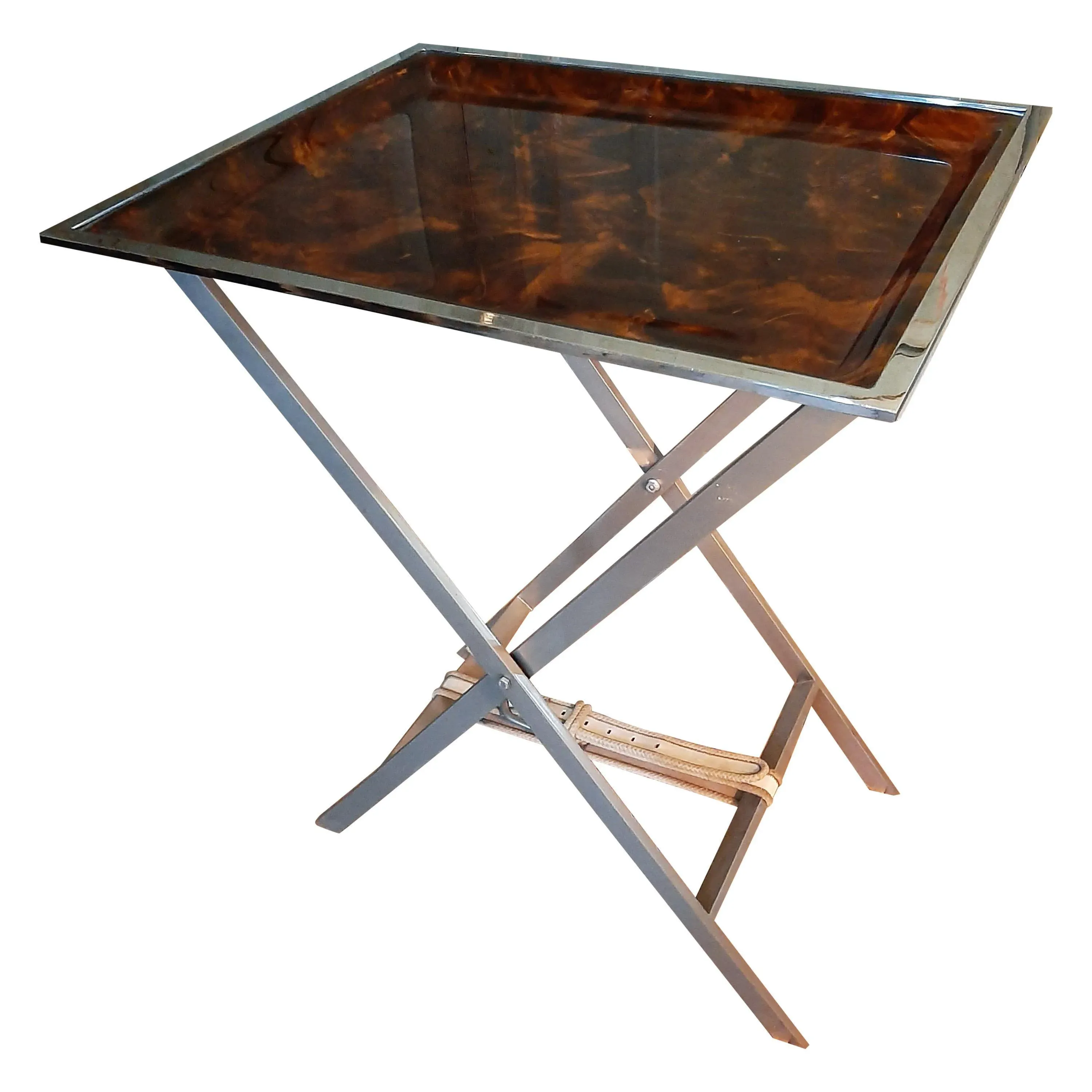 Mid-Century Italian Faux Tortoiseshell Cross Leg Tray Table, 1970