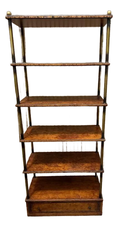 Vintage Hollywood Regency Style Brass Frame Burled Wooden Shelves