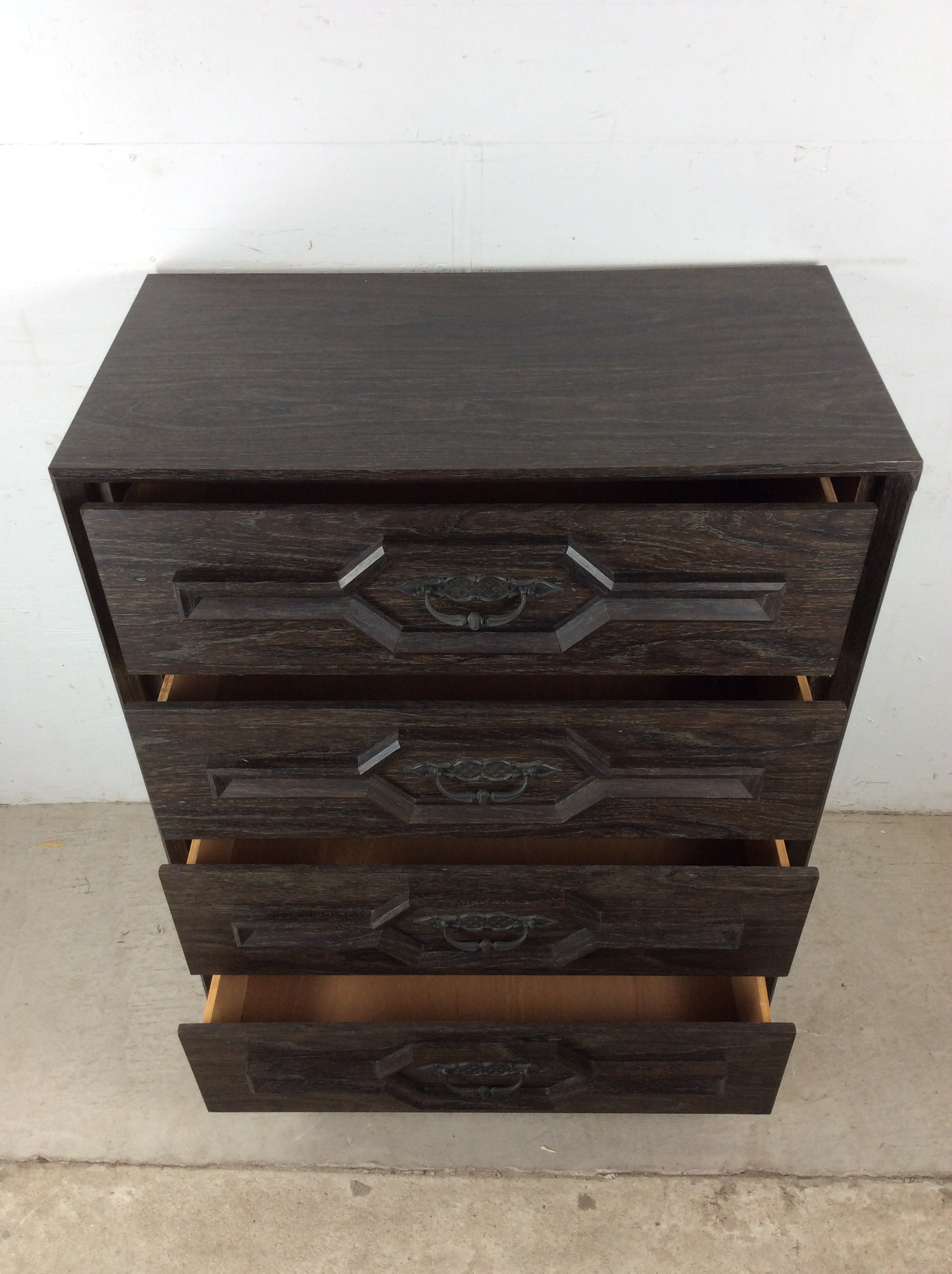 Mid Century Modern Four Drawer Highboy Dresser With Black Stained Finish