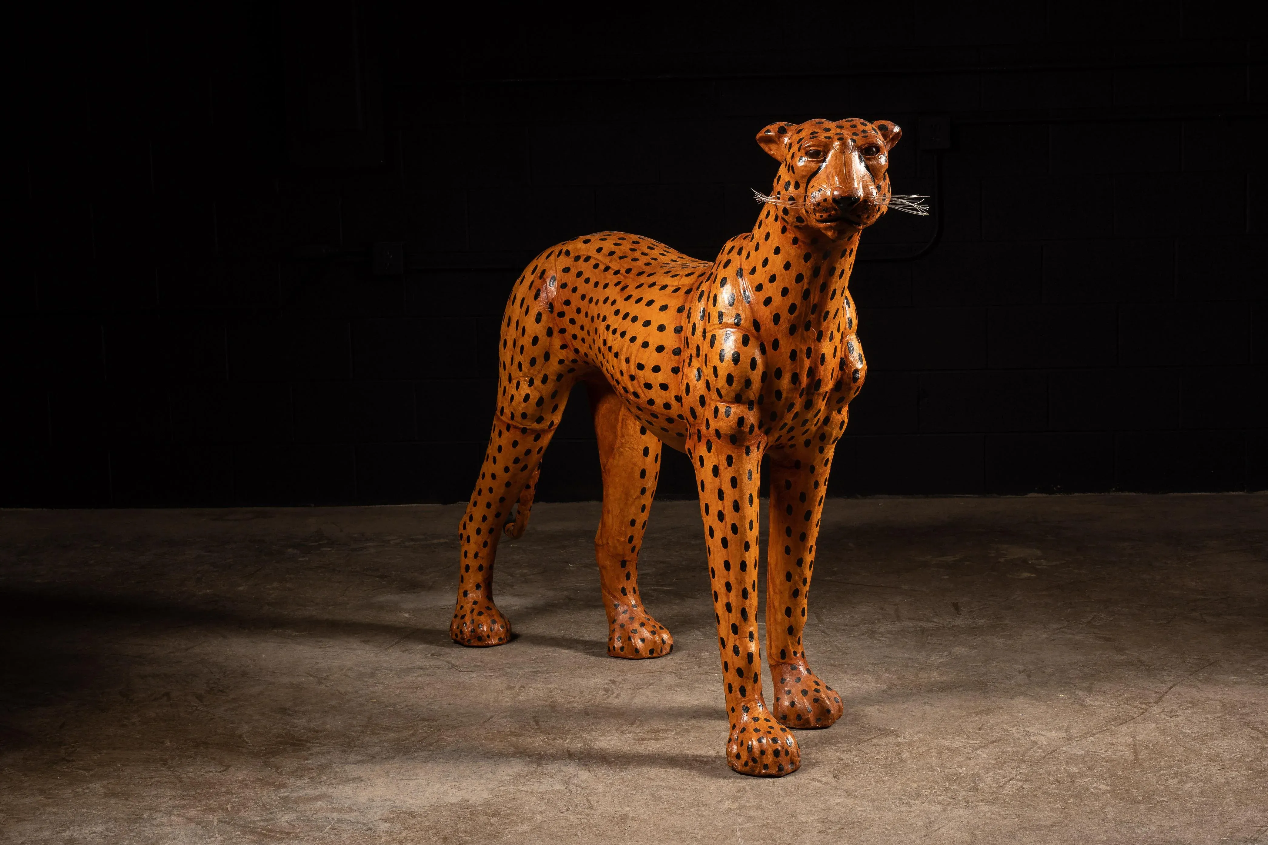 Mid 20th Century Leather Cheetah Sculpture with Glass Eyes