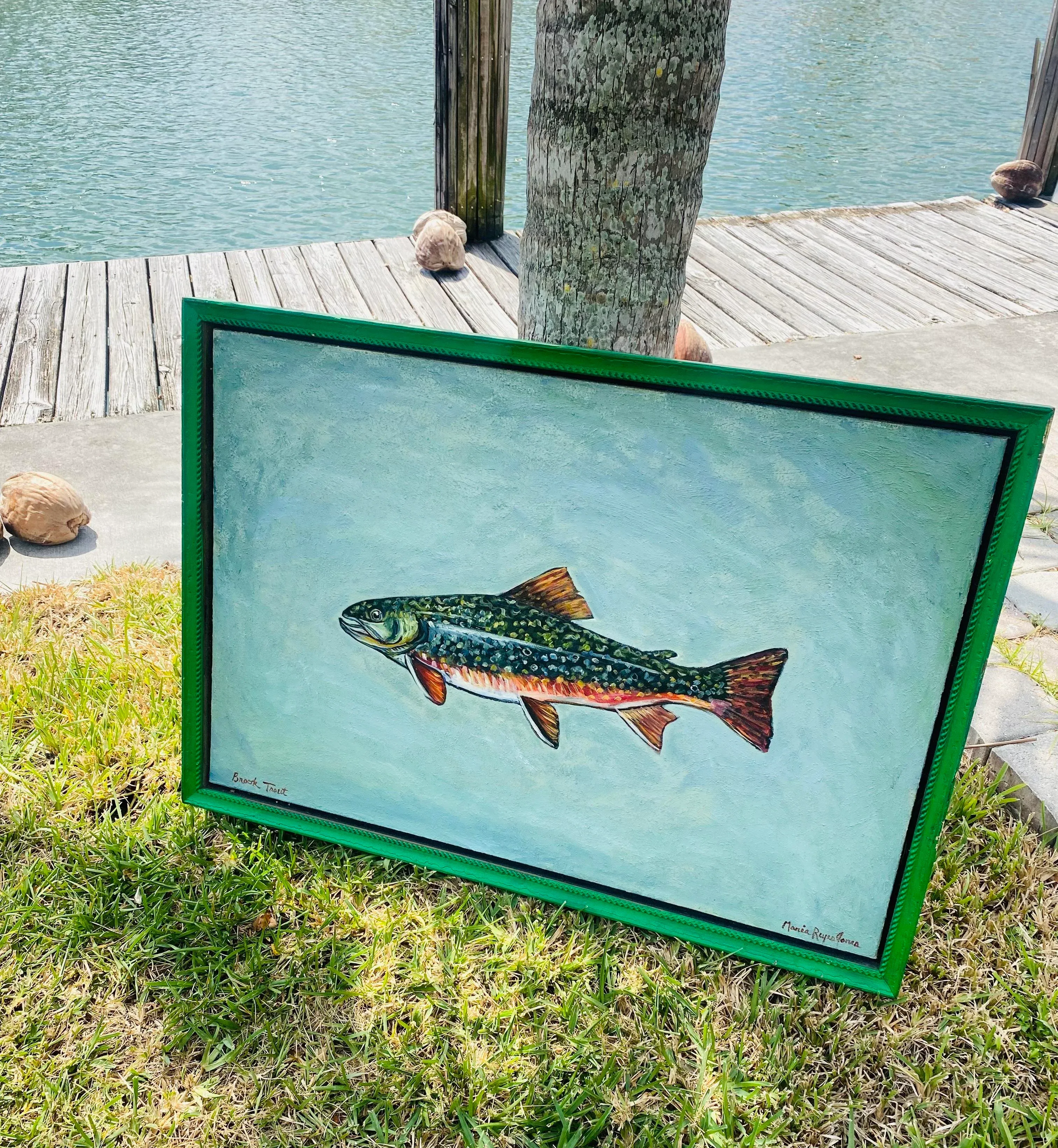 Late 20th Century Brook Trout Oil on Canvas Painting Signed Maria Reyes Jones