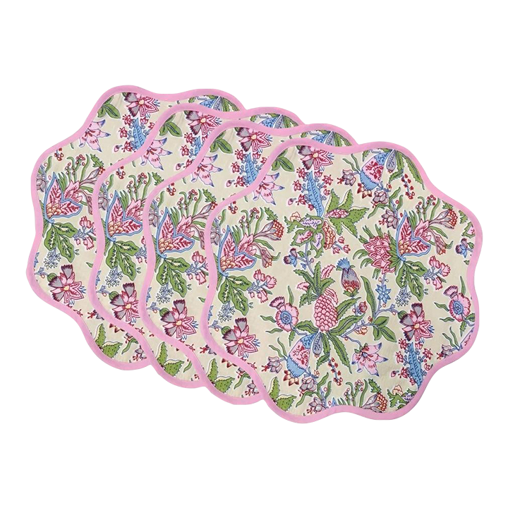 Handmade Round Scalloped Pink Flower Placemats with Light Pink Trim