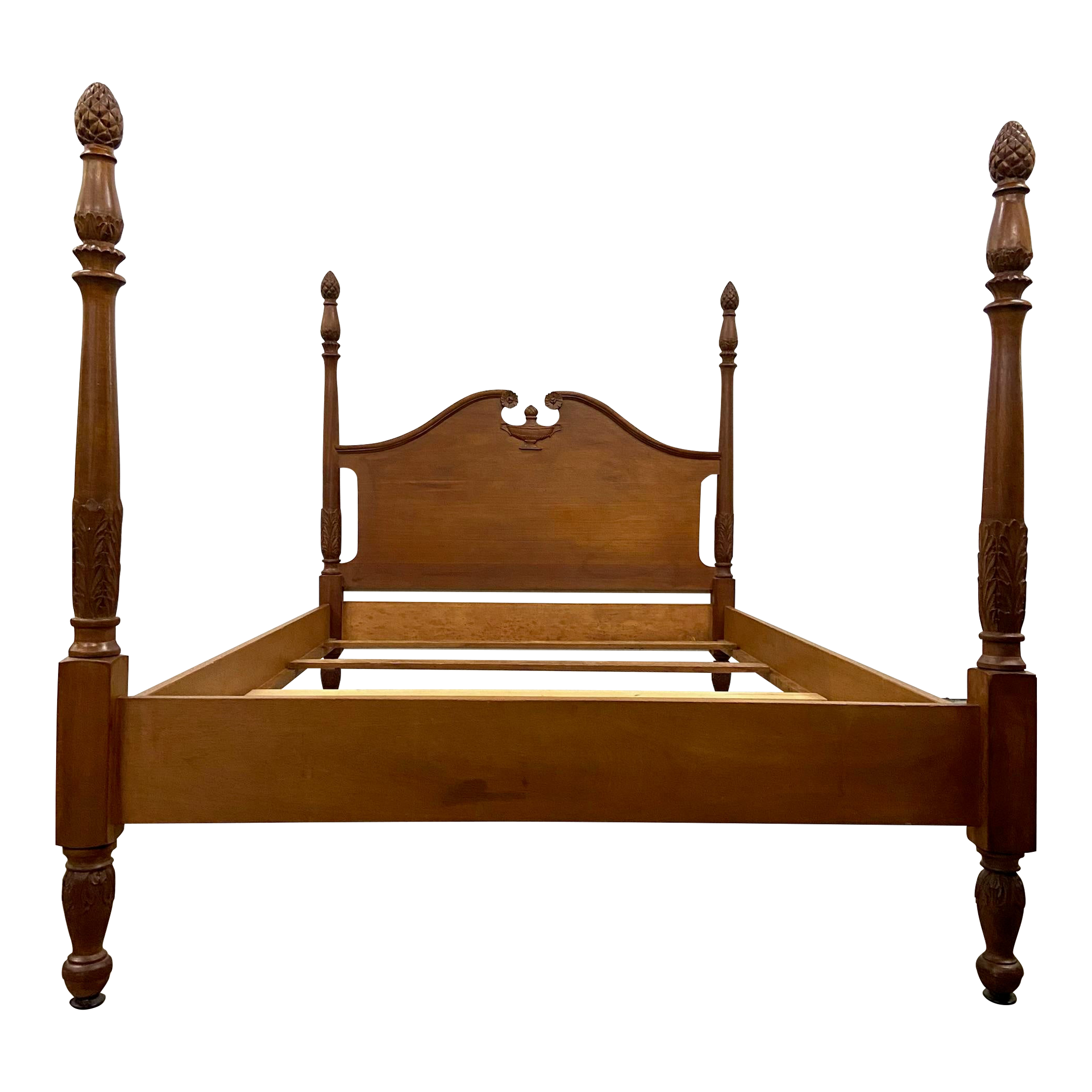 Vintage Full Size Four Poster Bed With Carvings and Pineapple Pinecone