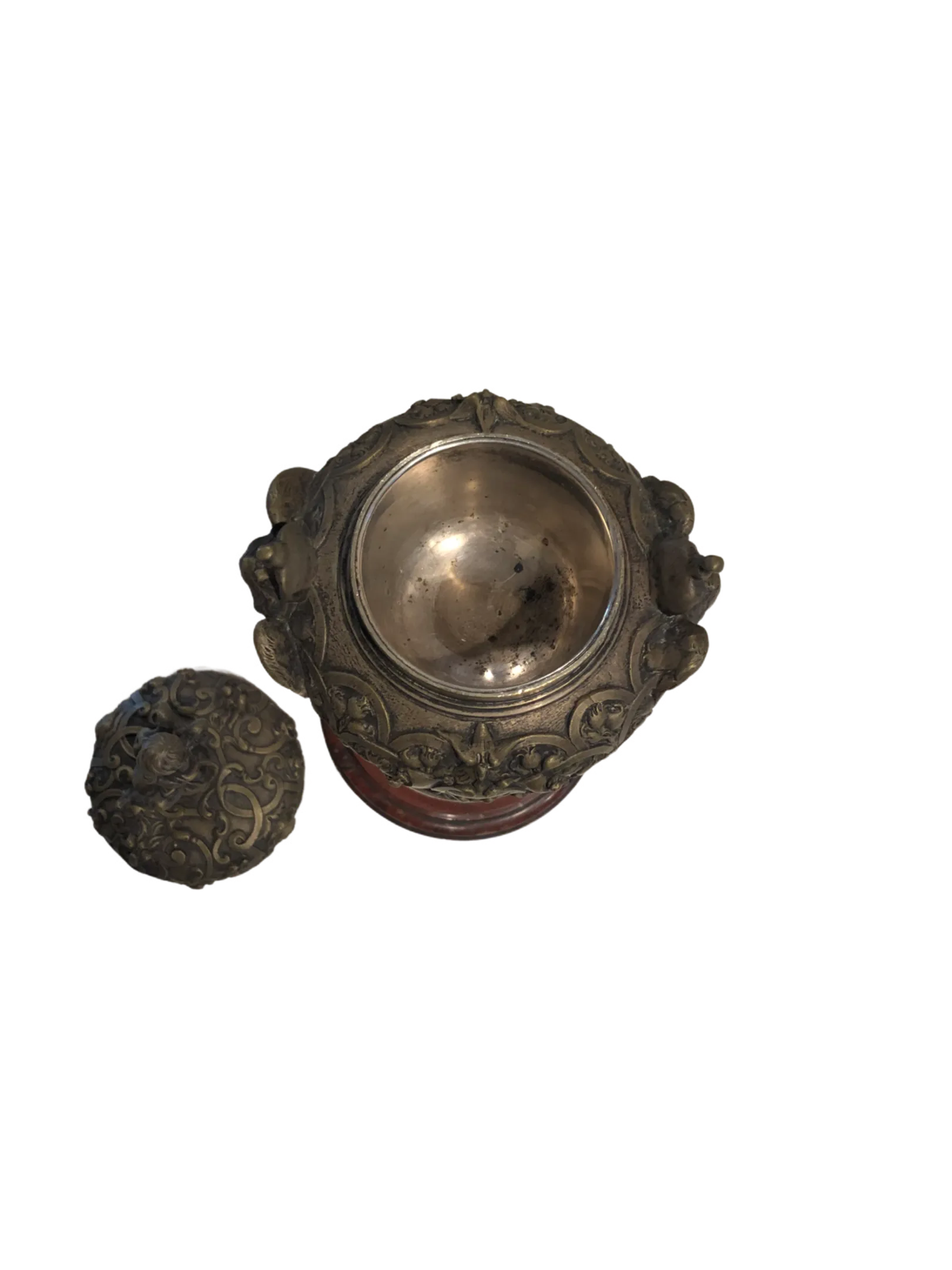 Late 19th Century Silver-Tone Metal Ornate Urn With Marble Base
