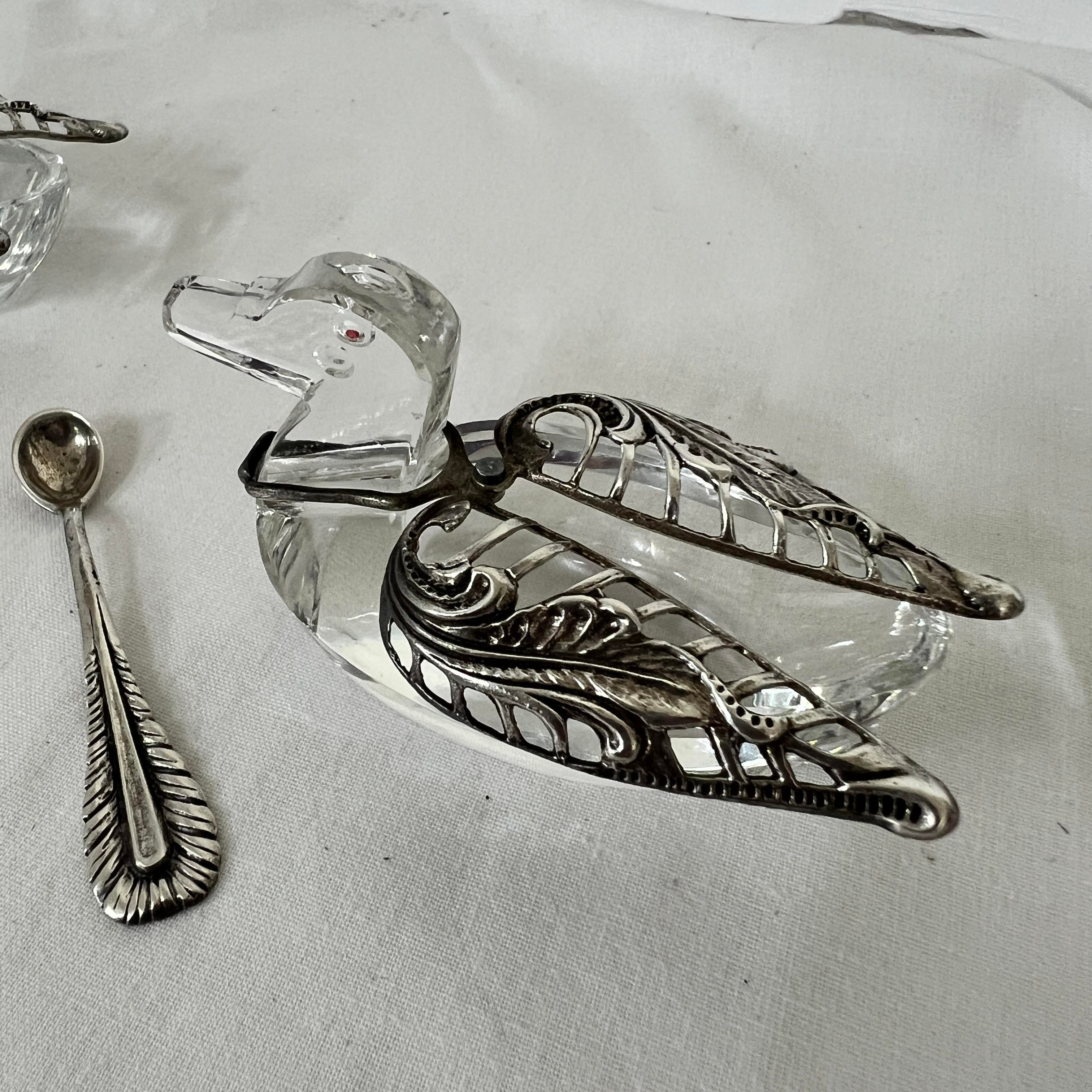 Rare Red Eyed Glass Duck Salt Cellars With Silver Wings and