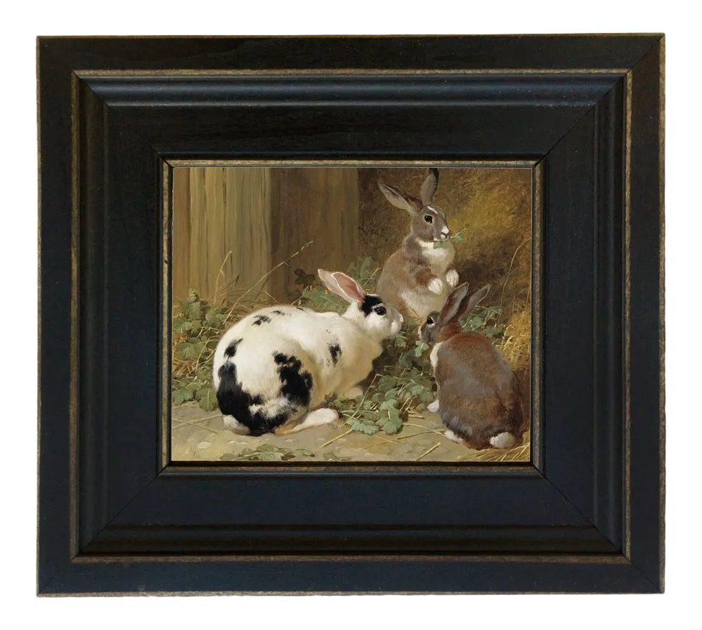 Early American Farmyard Rabbits Framed Oil Painting Print on Canvas in ...