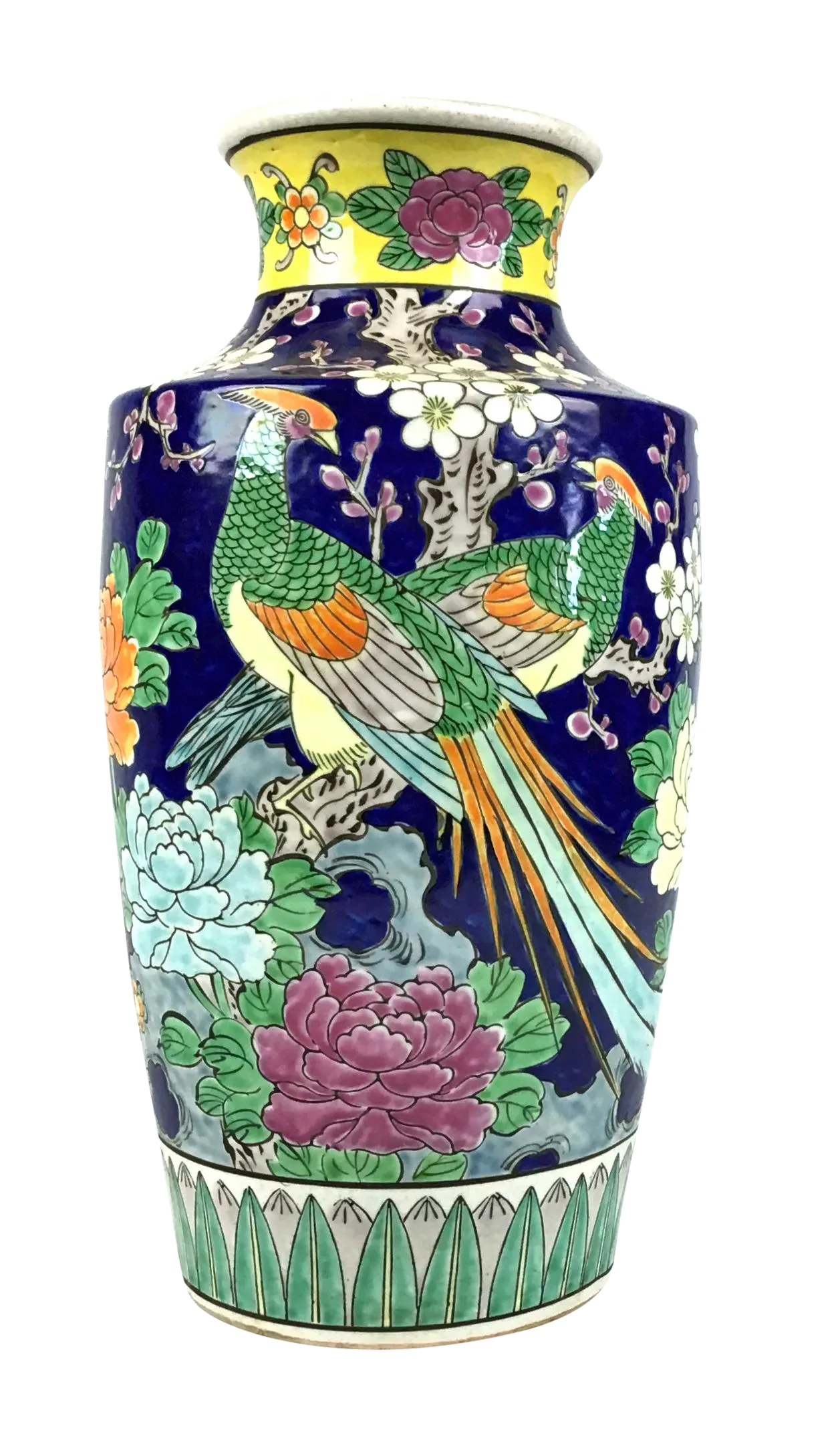 1950's Vintage Japan Double Peacock Cobalt Hand Painted Vase