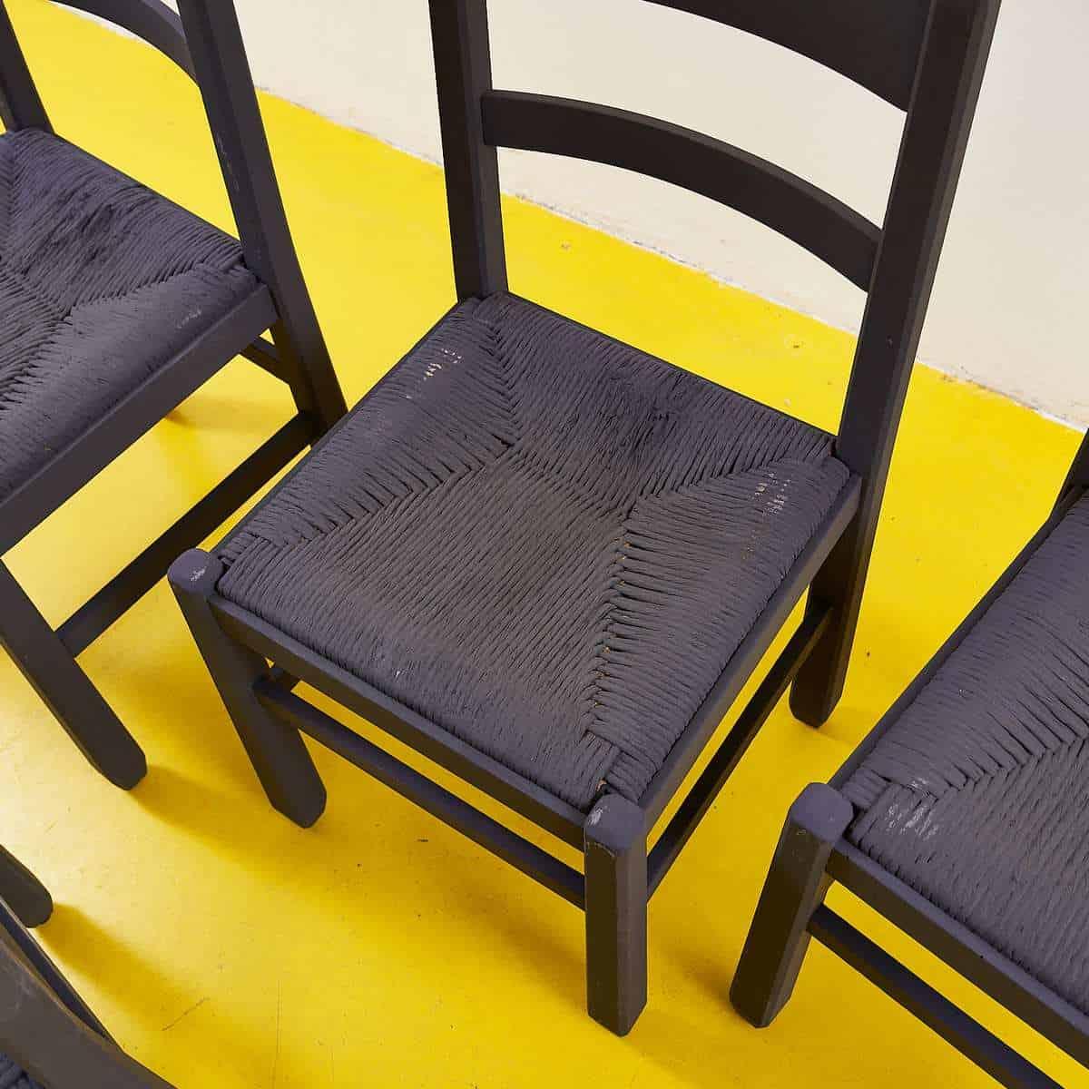 Black Wooden and Straw Chairs, 4 pieces