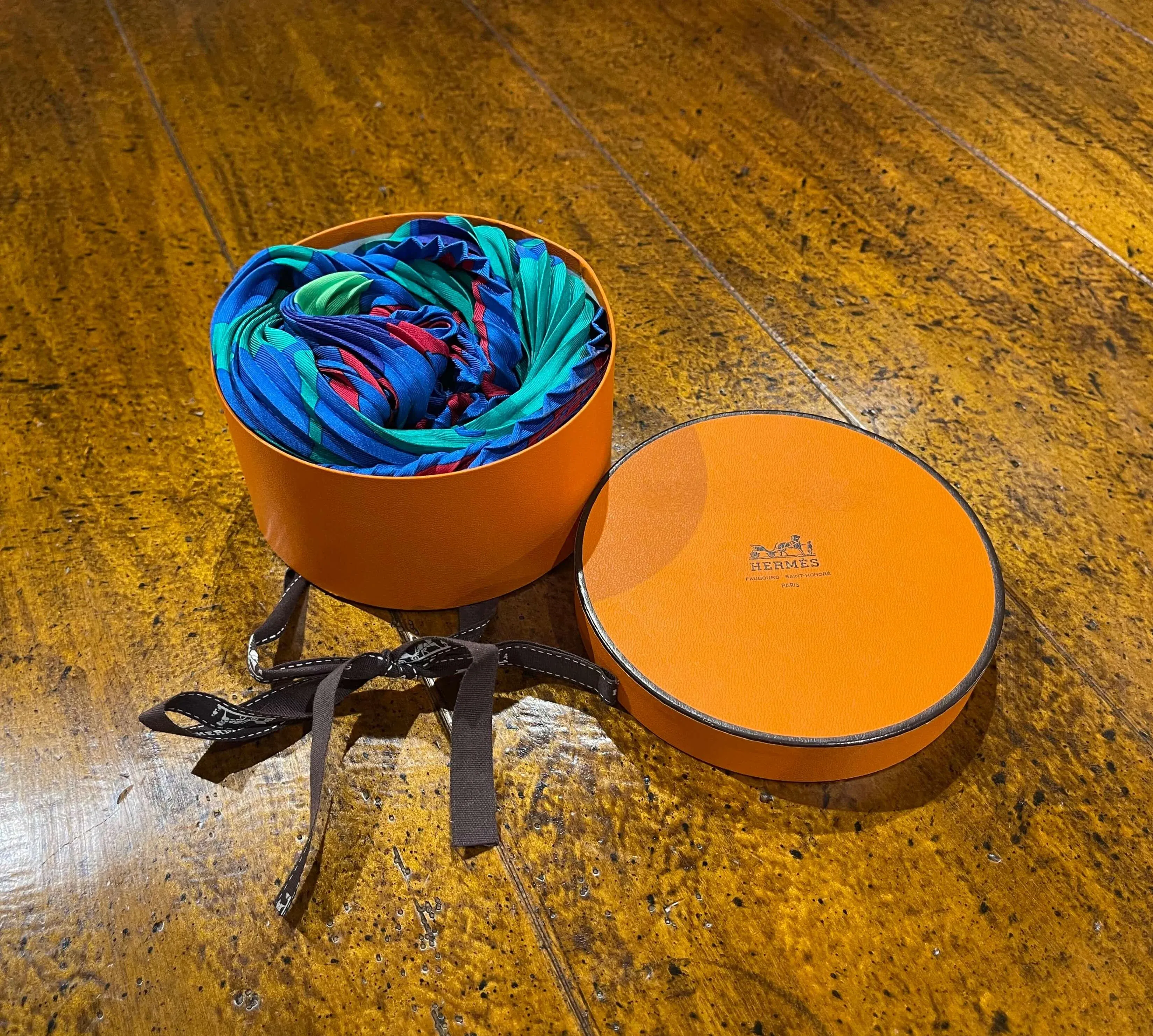 Vintage Hermes Puzzle II Silk Pleated Scarf With Original Round