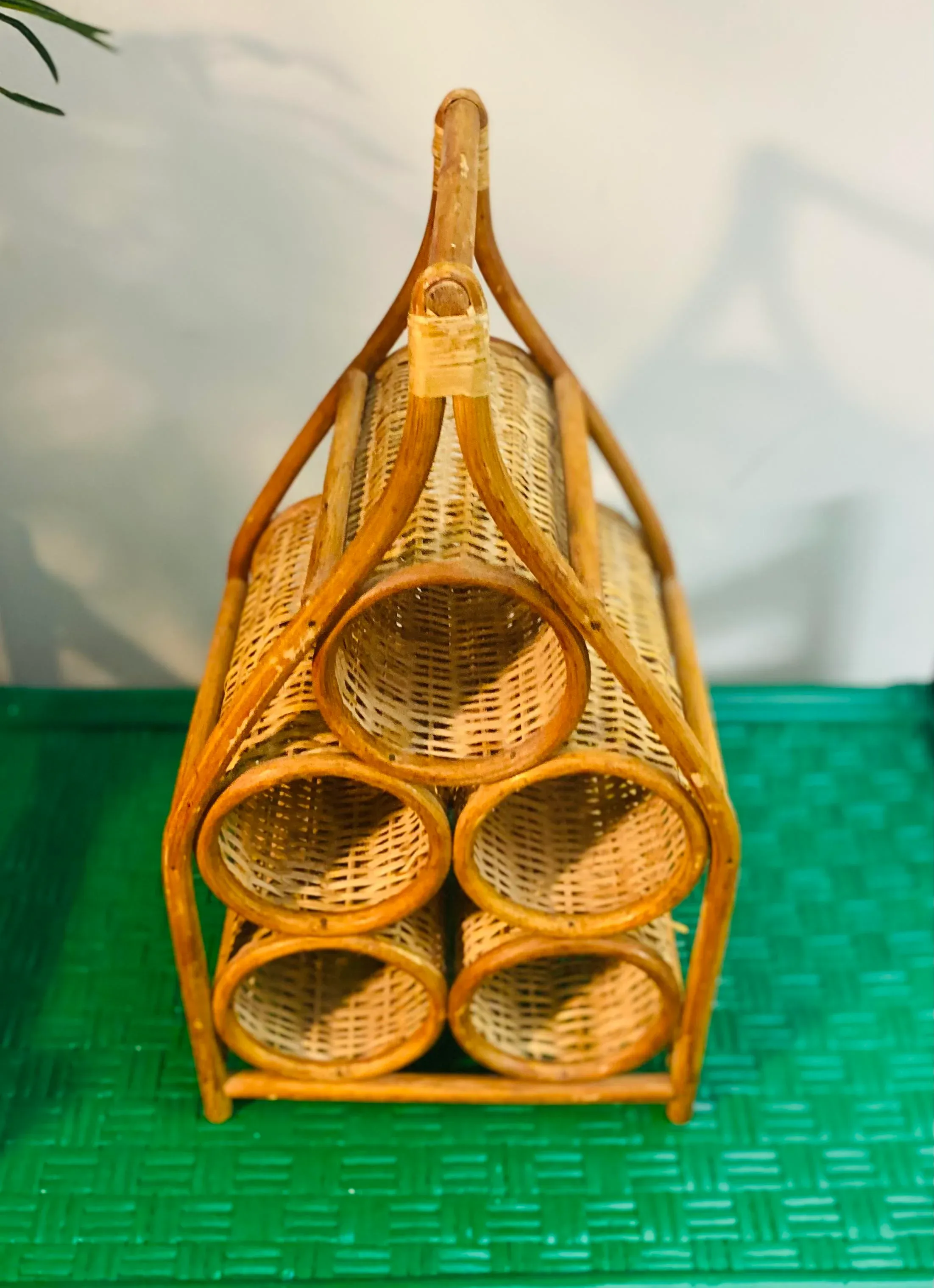 1970s Vintage Boho Coastal Wicker Rattan Sculptural Wine Bottle Rack Holder
