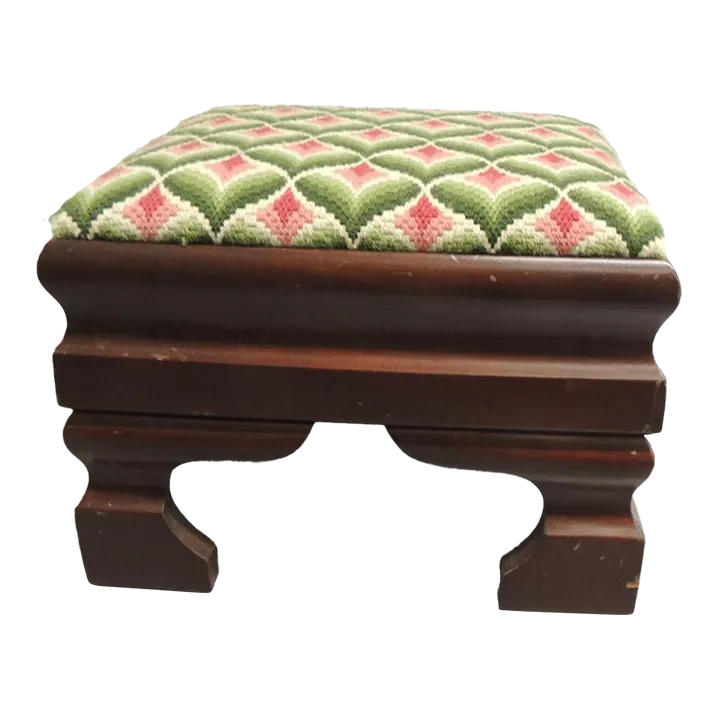 Antique American Empire Footstool/Ottoman Upholstered in a Bargello Tapestry