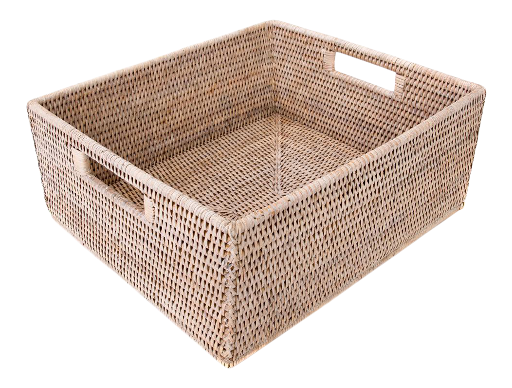 Artifacts Rattan Rectangular Basket with Cutout Handles in White Wash