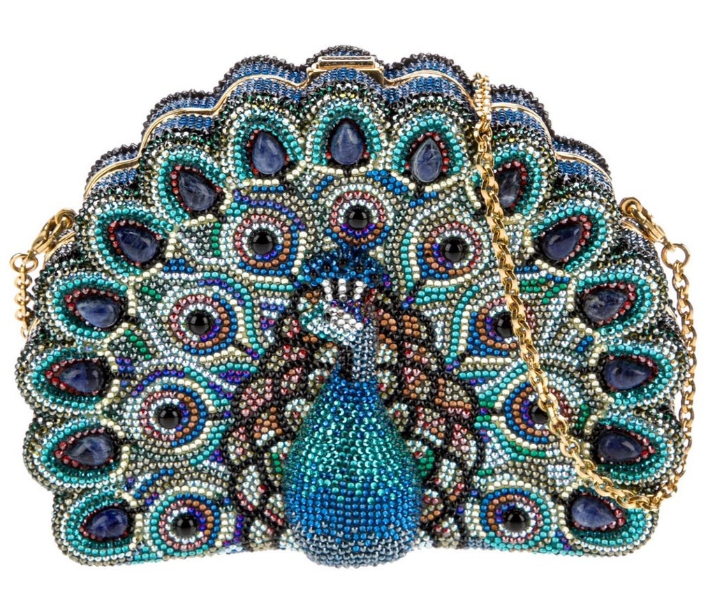 2004 Judith Leiber Peacock Bird Crystal Blue Green Evening  Judith Leiber Teal and Black Patterned Clutch main image 0