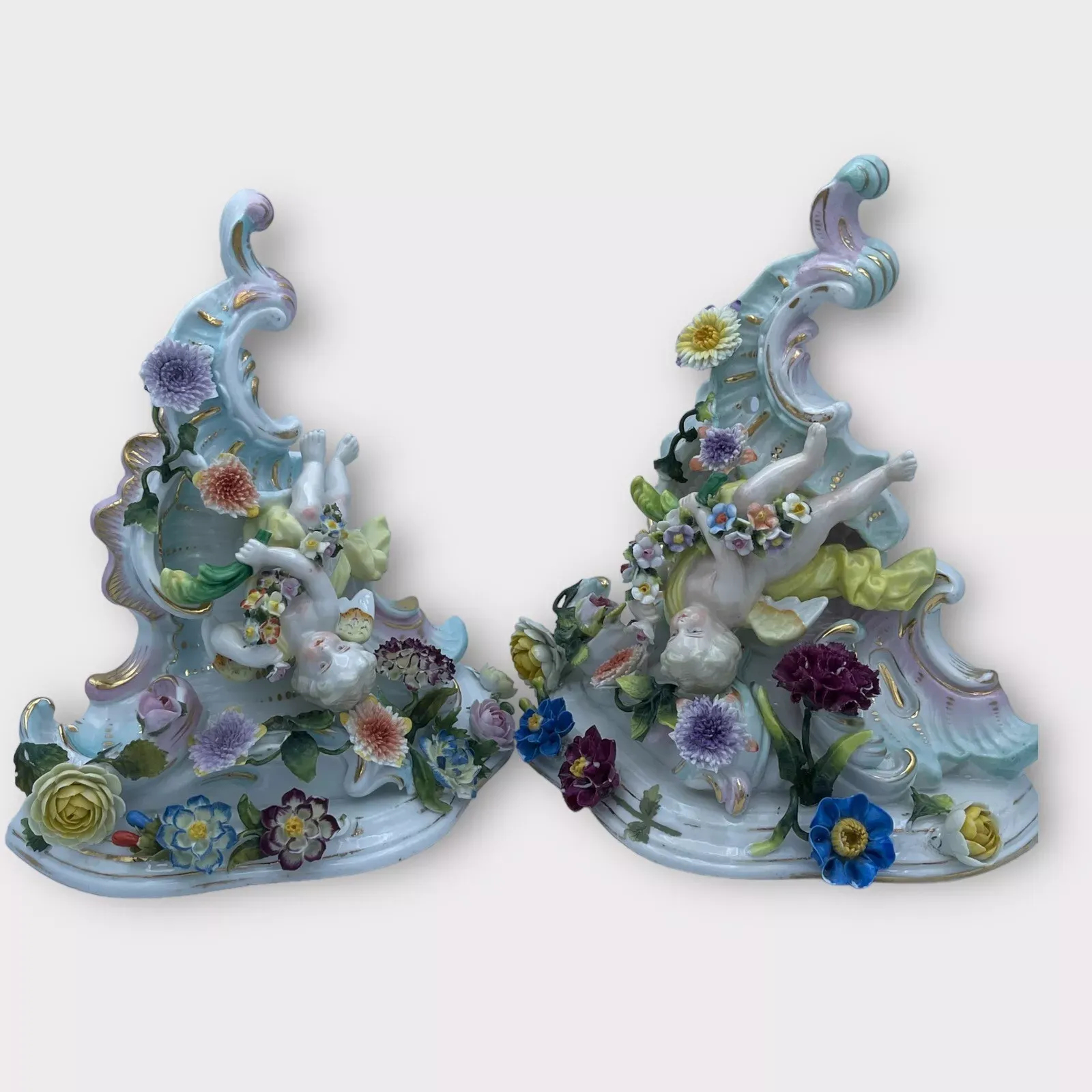 19thc Antique Dresden Sitzendorf Art Nouveau Era Signed Porcelain Cherub W/ Intricate Floral Work - High End Wall Brackets/ Display Shelves a - Pair