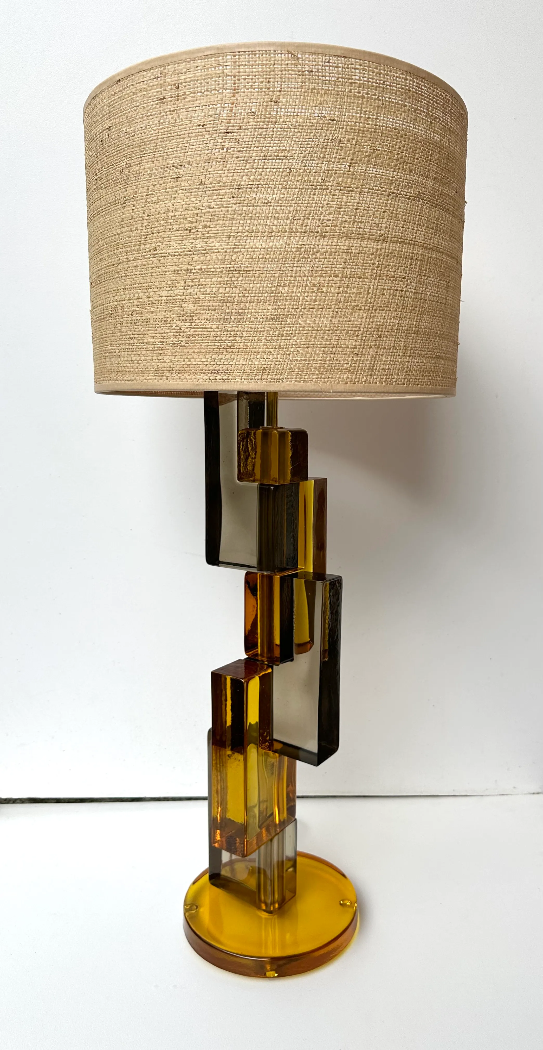 Contemporary Pair of Lamps Amber Smoke Cubic Murano Glass and Brass, Italy, image size:2088x4032