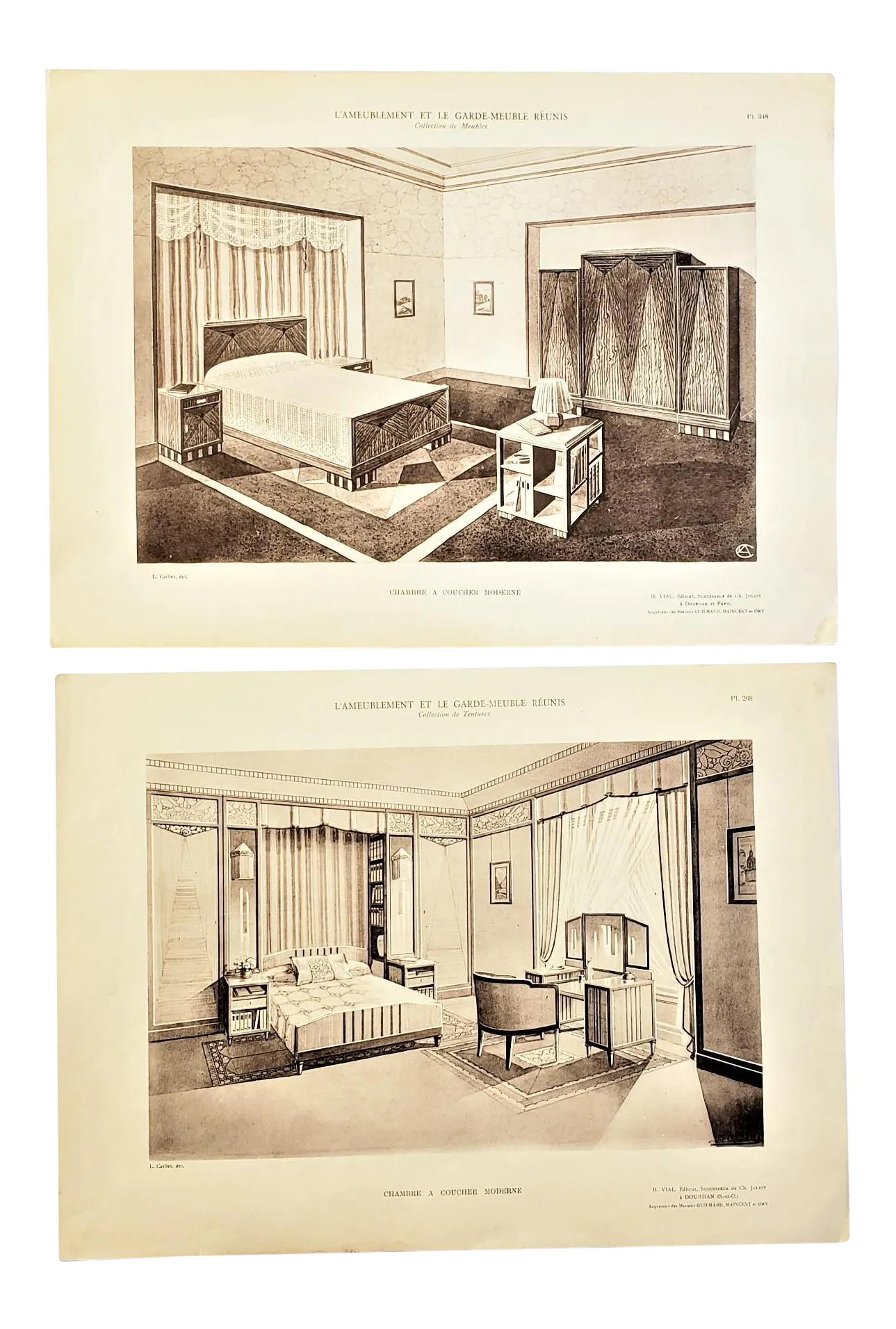 C1920 Pair French Art Deco Lithographs-Bedroom | Chairish