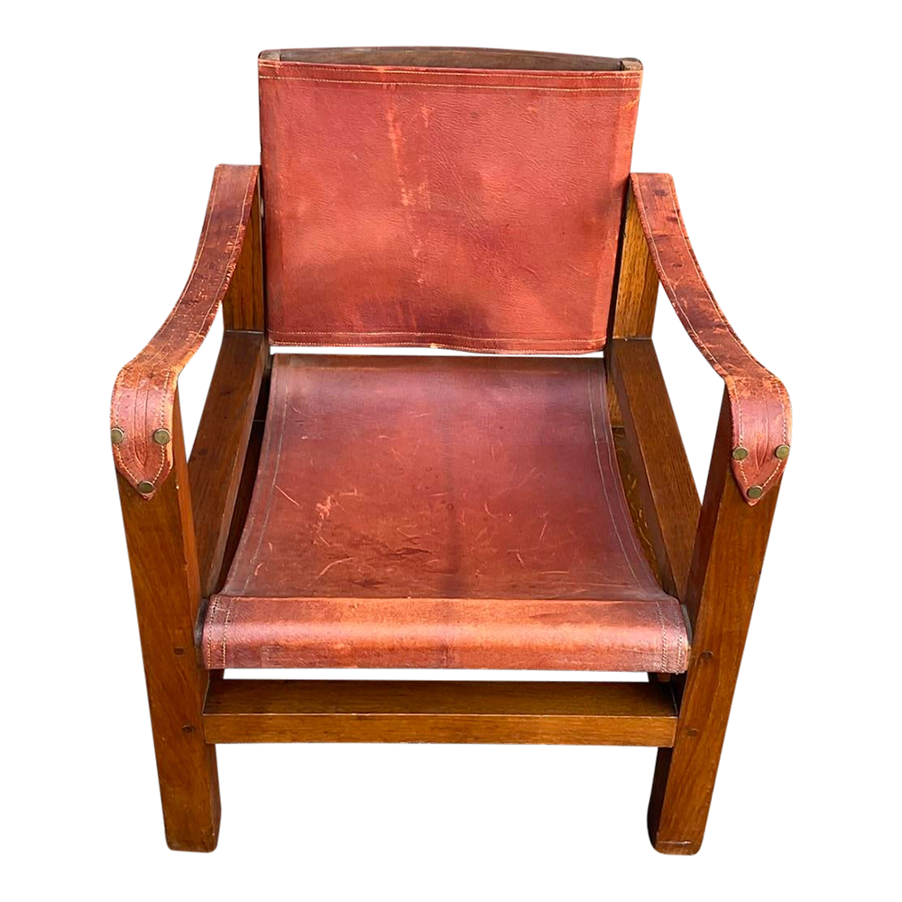 1920s Vintage French Mid Century Modern Leather Safari Chair