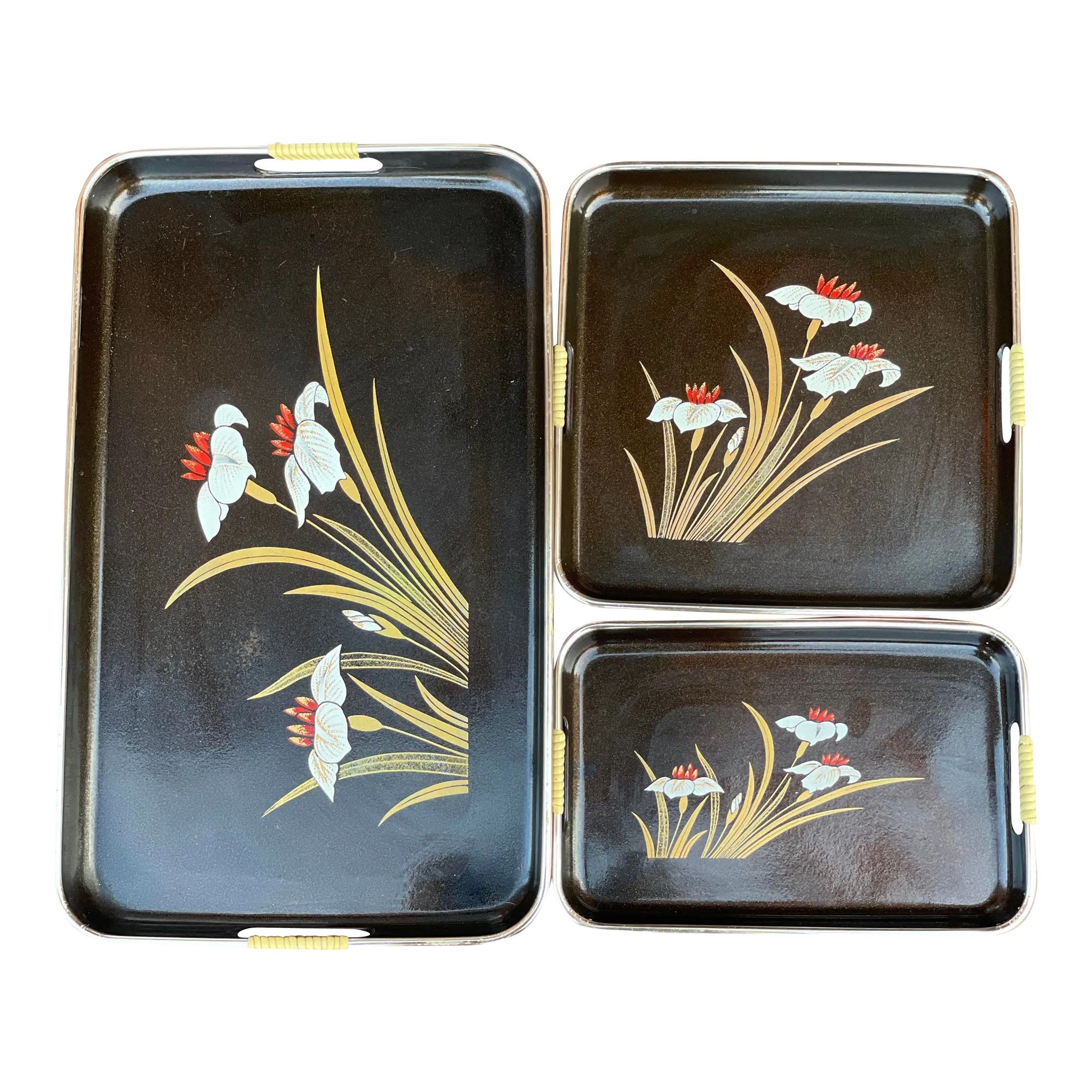 Vintage Set of 3 Decorative Lacquer Ware Nesting Table Trays With