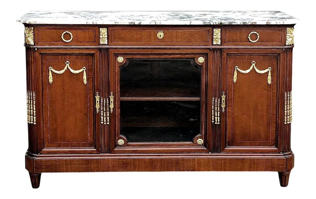 Antique French Louis XVI Mahogany Marble Top Buffet With Gilt Bronze