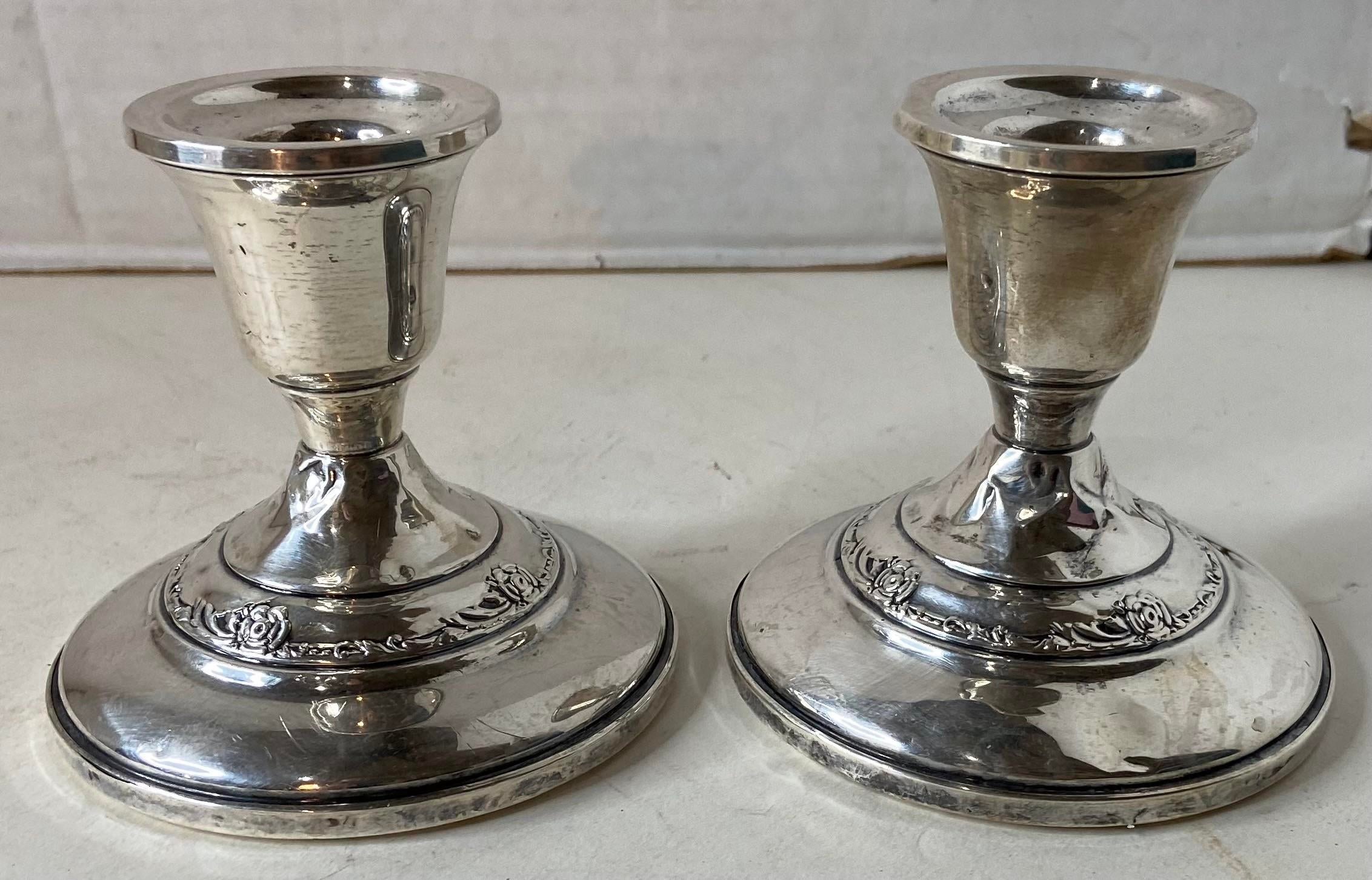 Vintage Heirloom Damask Rose Sterling Silver Candlestick Holders