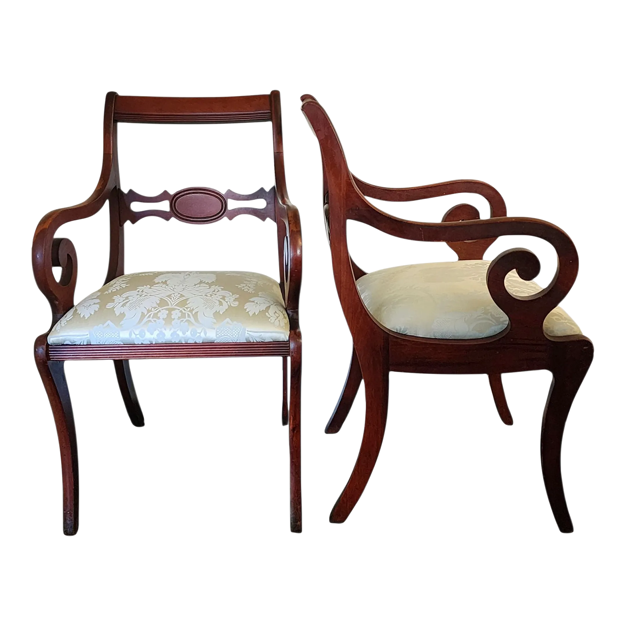 Antique Pair of Scroll Elbow Chairs in the Style of Duncan Phyfe Mahogany Damask Set of 2