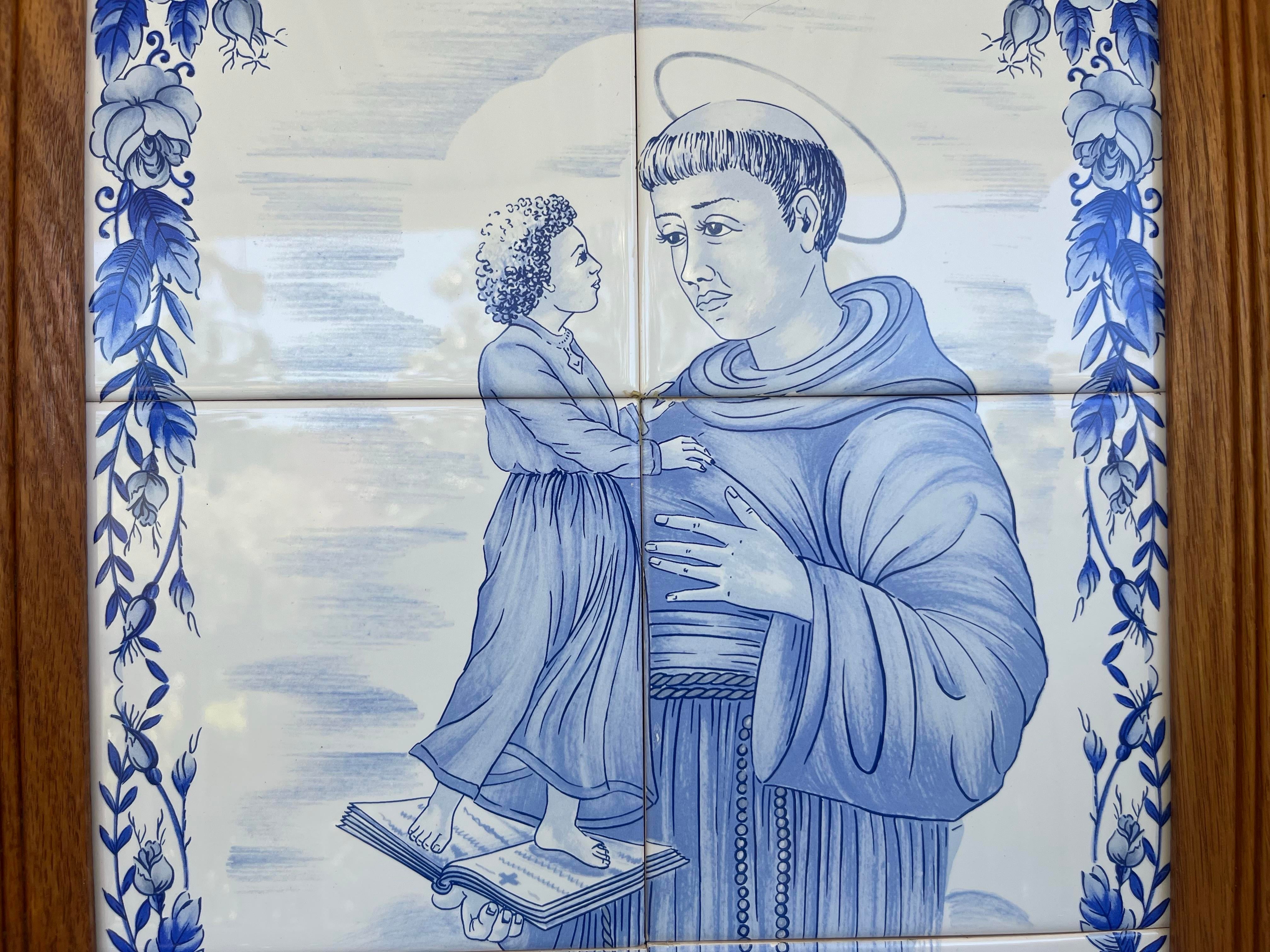 1980s Hand-Painted Portuguese “Santo António” Blue & White Tile