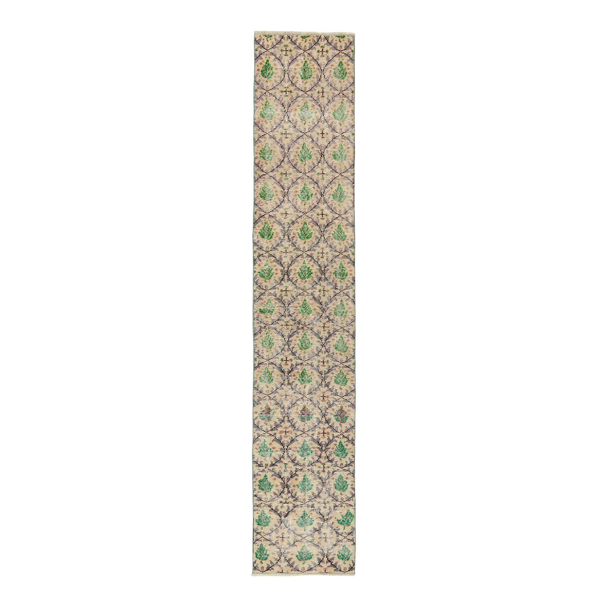 1960s Vintage Distressed Runner in Beige, Gray and Green Floral Patterns
