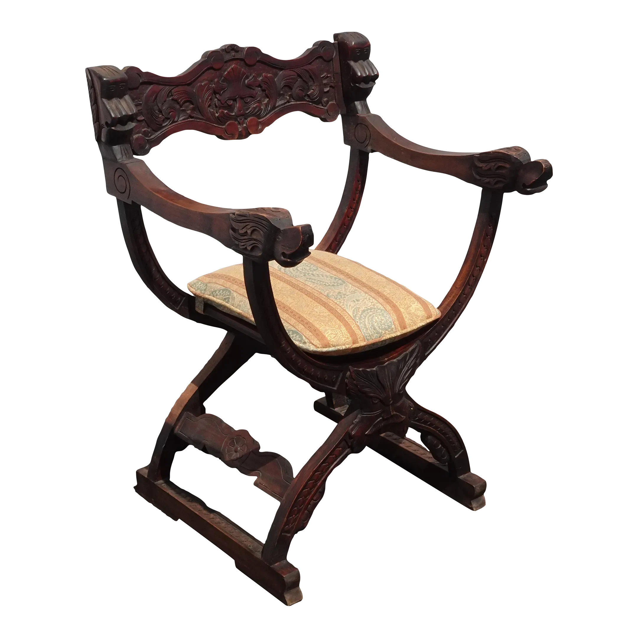 Vintage French Country Savonarola X Chair Ornately Carved W