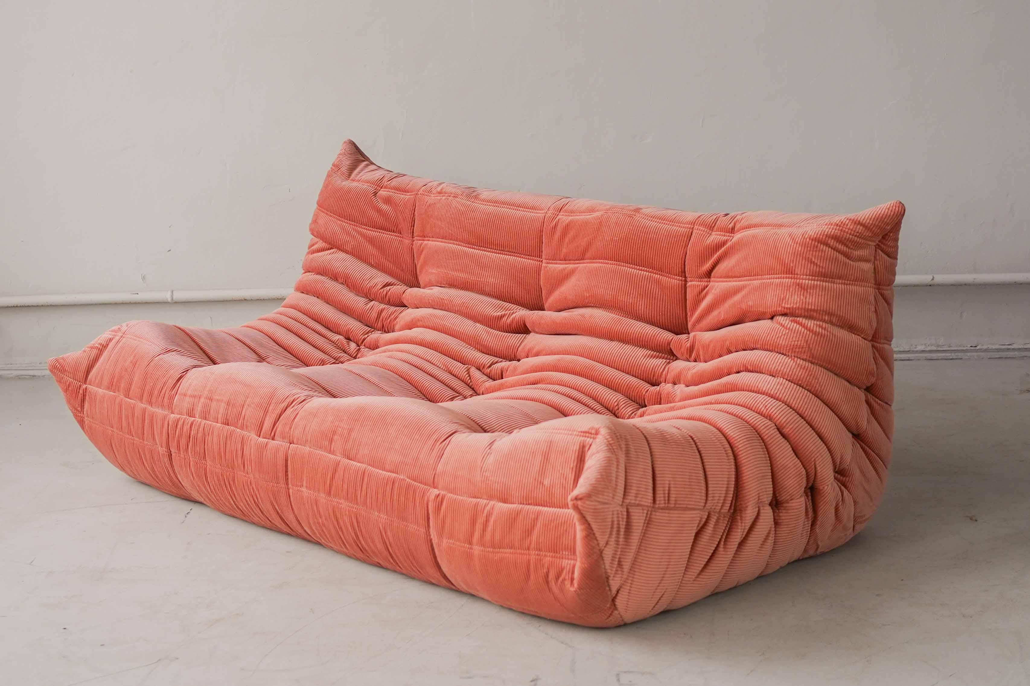 Coral Corduroy Togo Three-Seat Sofa by Michel Ducaroy for Ligne