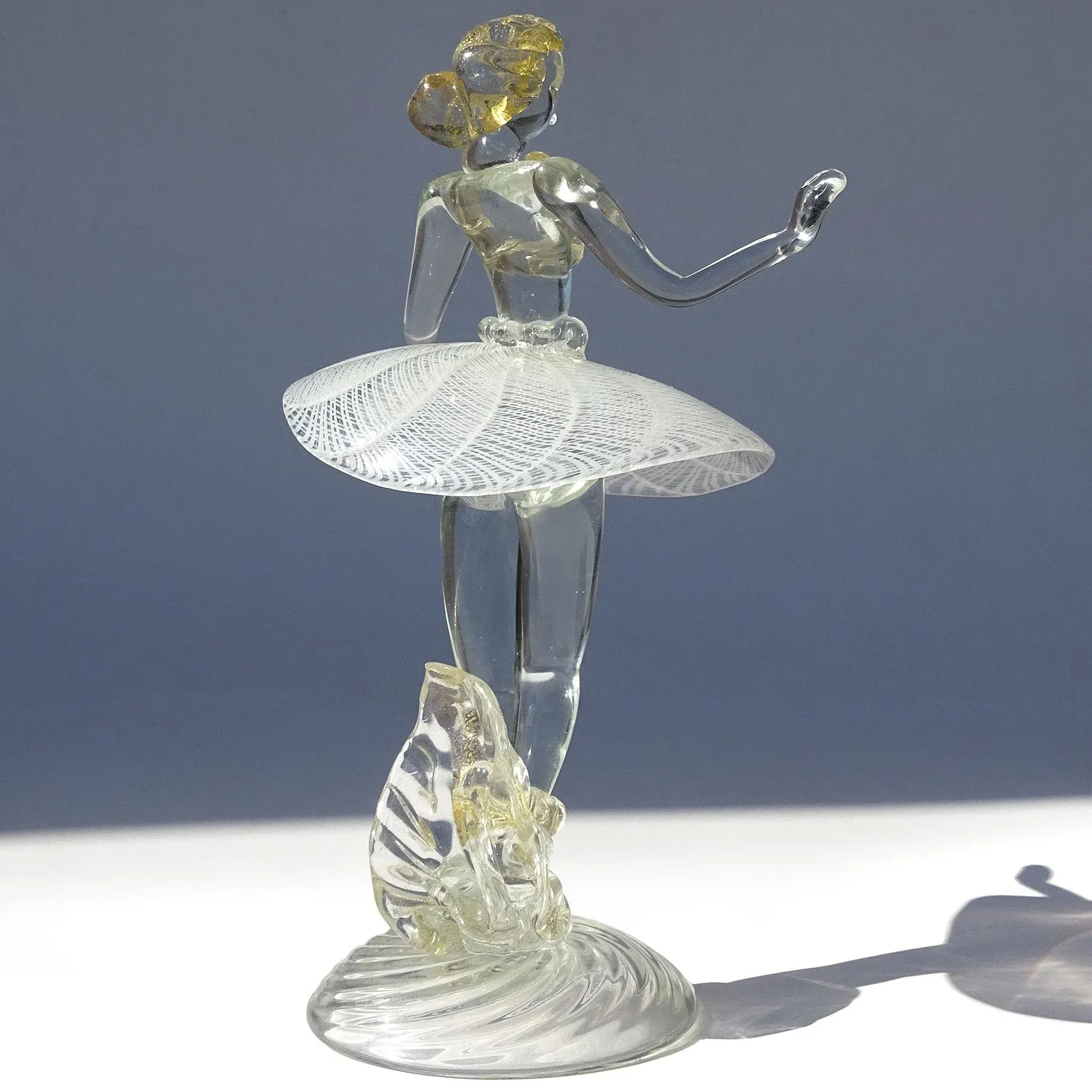 Murano Vintage White Zanfirico Ribbons Skirt Gold Flecks Italian Art Glass Ballerina Figure Sculpture