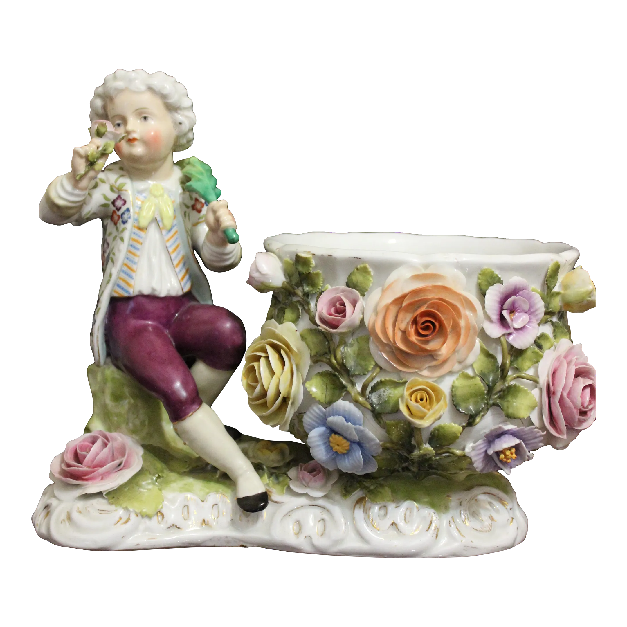 1900s Large Antique German Sitzendorf Porcelain Figurine Cache Pot Planter