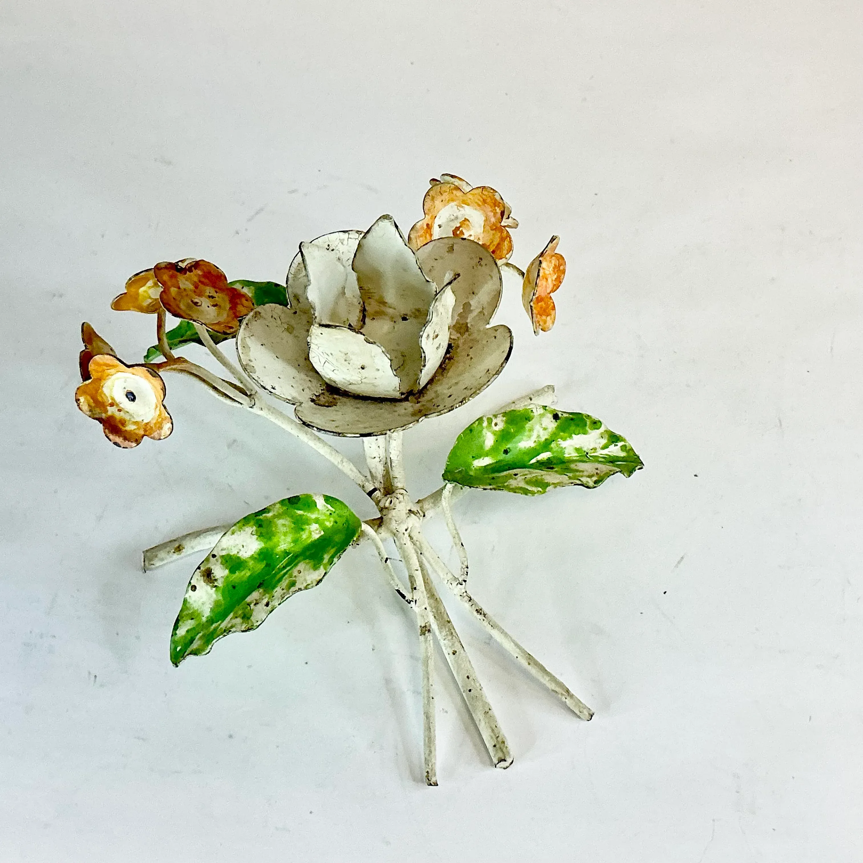 1940s Vintage Italian Buttercup Flora Tole Candle Holder, Rustic European Style.