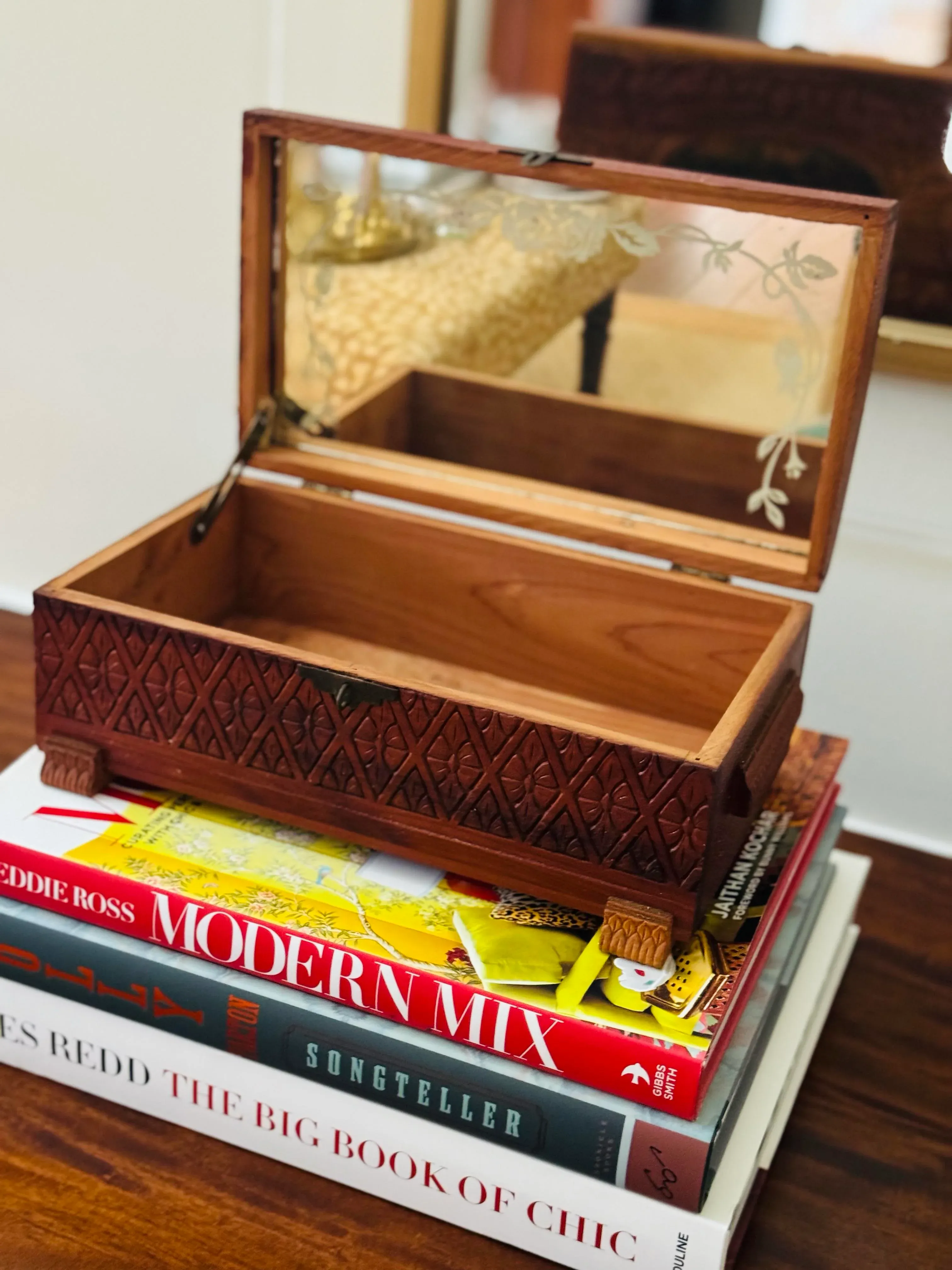 Late 20th Century Hand Carved Wooden Box With Mirror | Chairish