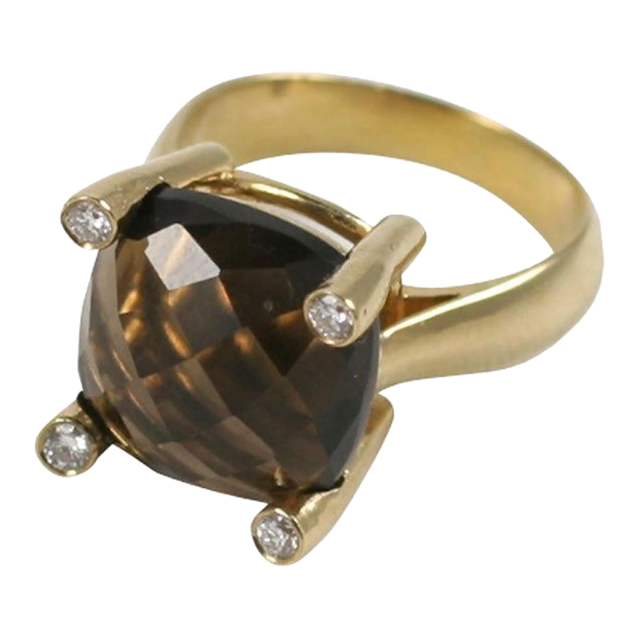 18kt Yellow Gold faceted Cushion Ring with Smoky Topaz and Diamonds