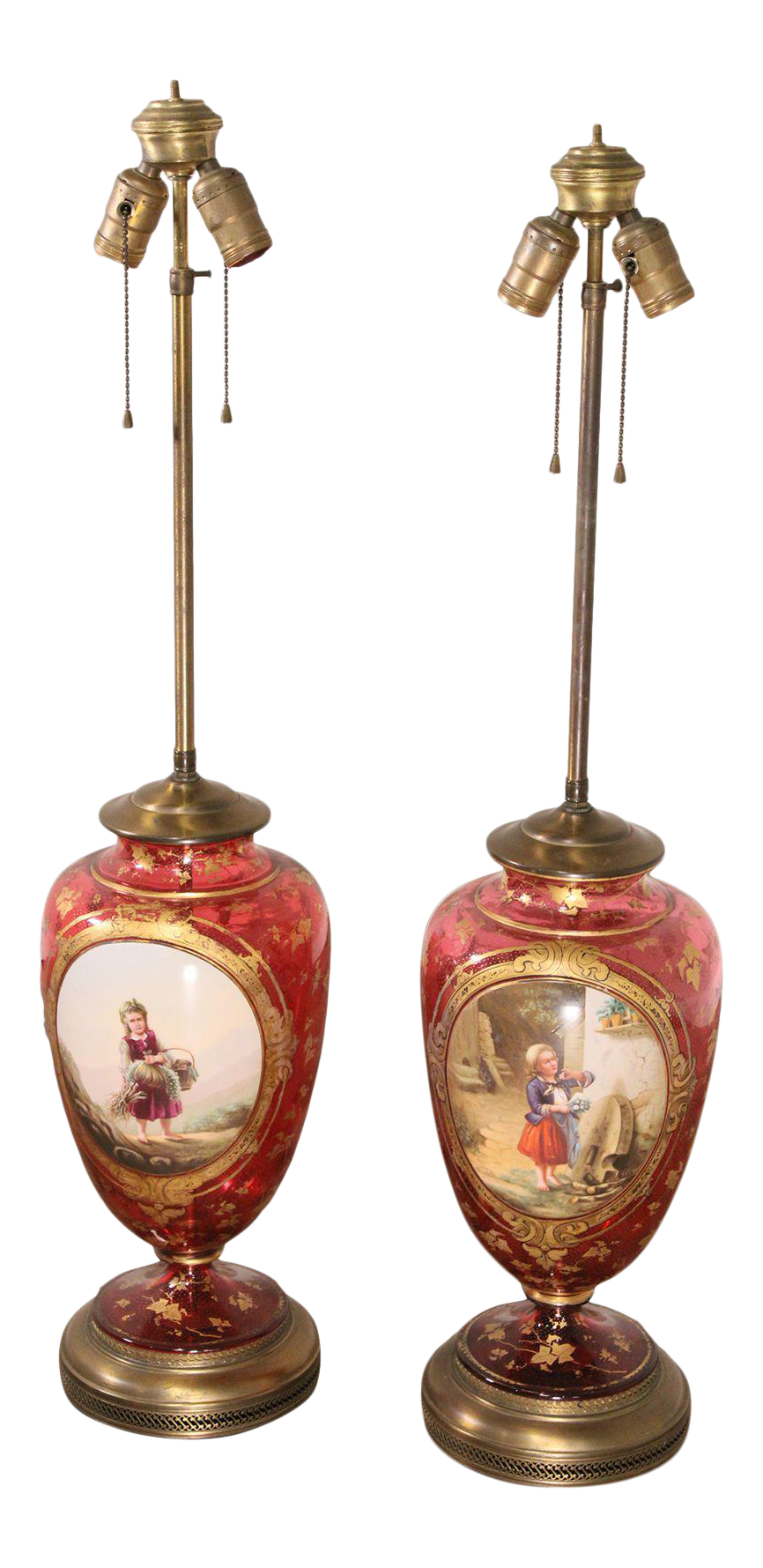 Large Bohemian Red Glass Vase Lamps Overlaid with Gilt Ivy and