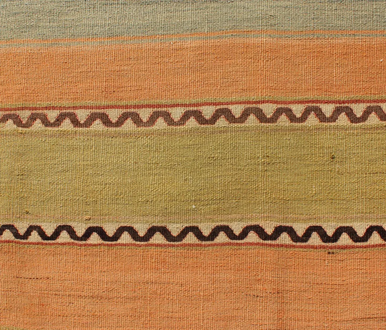 Vintage Turkish Hand Woven Kilim Runner With Stripes in Red, Green, Yellow, and Orange