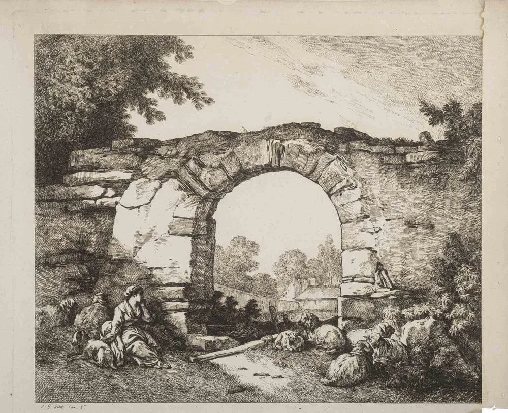 Jean Baptiste Huet, Landscape with Ruins, Original Etching, 19th-Century