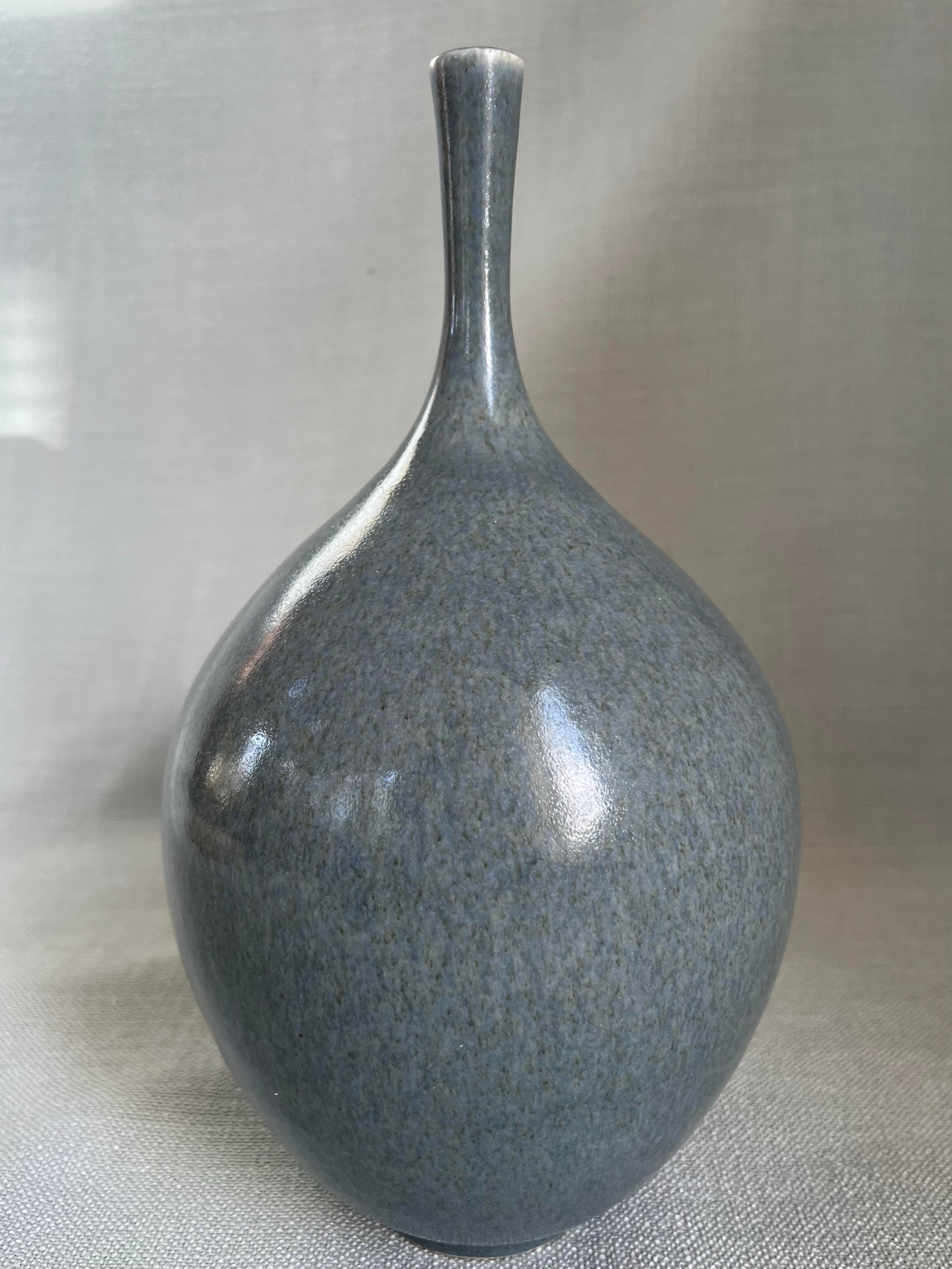 Vintage Scandinavian Modern Mottled Blue Glazed Vase Signed