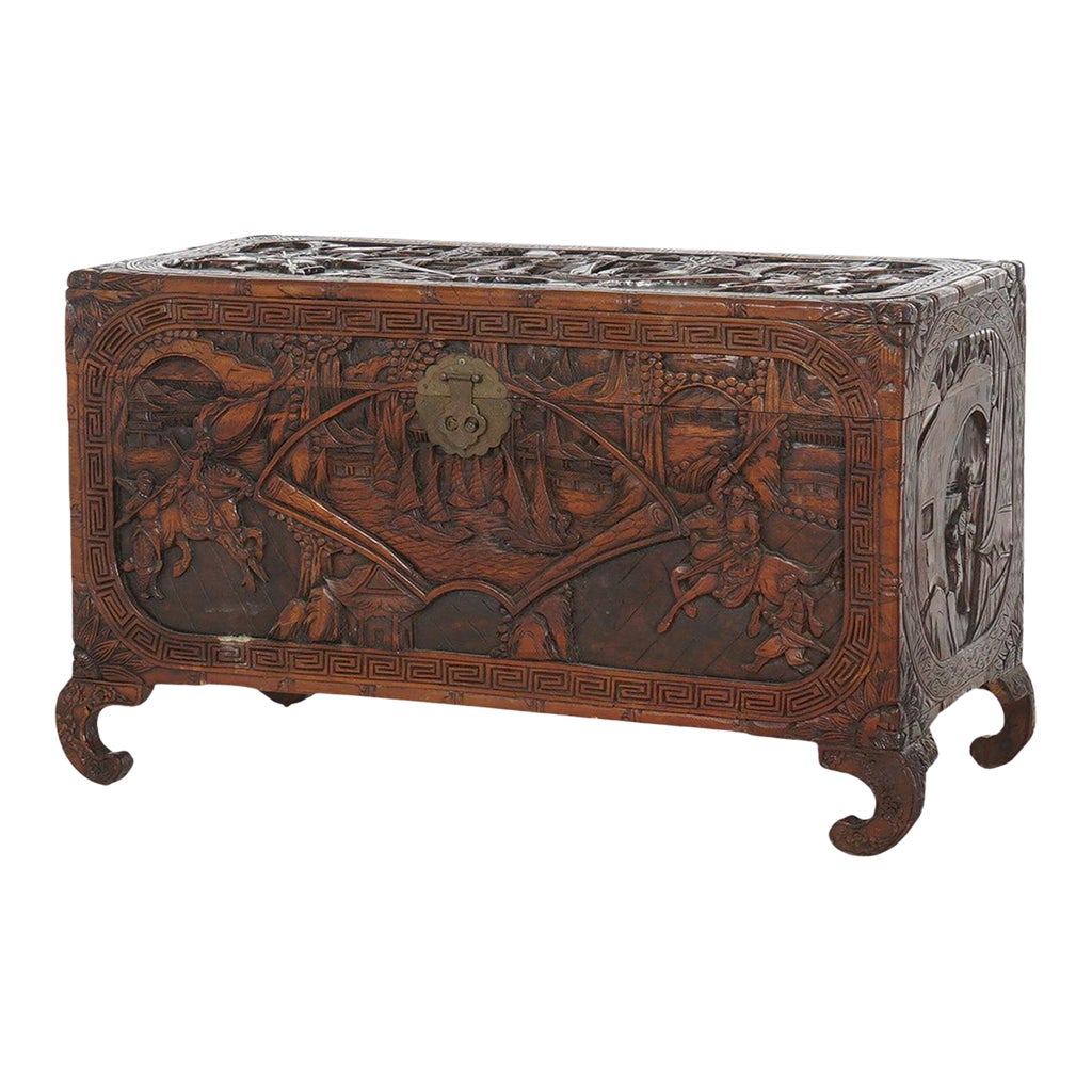 Antique Chinese Carved Hardwood Chest with Figures & Scenes in Relief ...