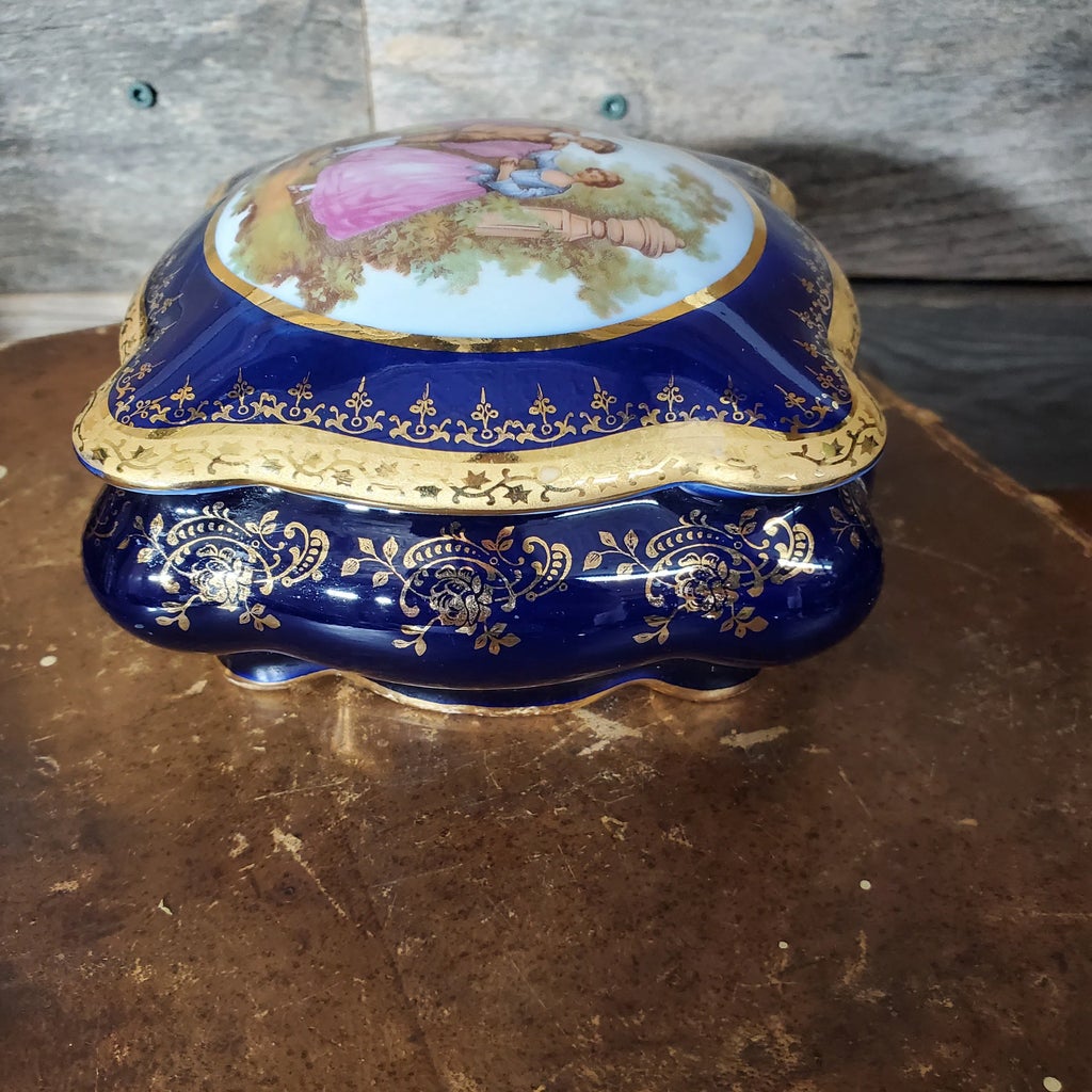 1950s Vintage Imperia Limoges French Cobalt 22k Gold Trinket Box