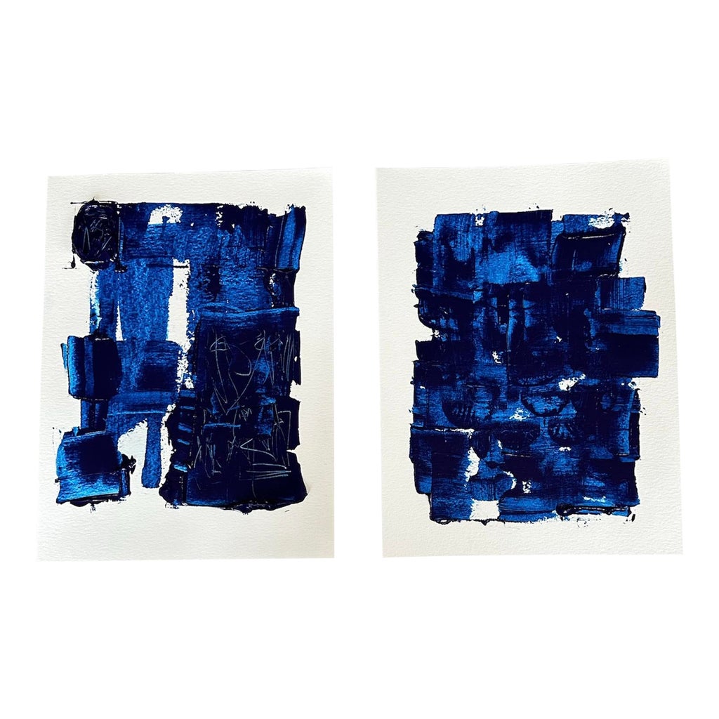 Original Blue & White Abstract Paintings on Paper, Pair | Chairish
