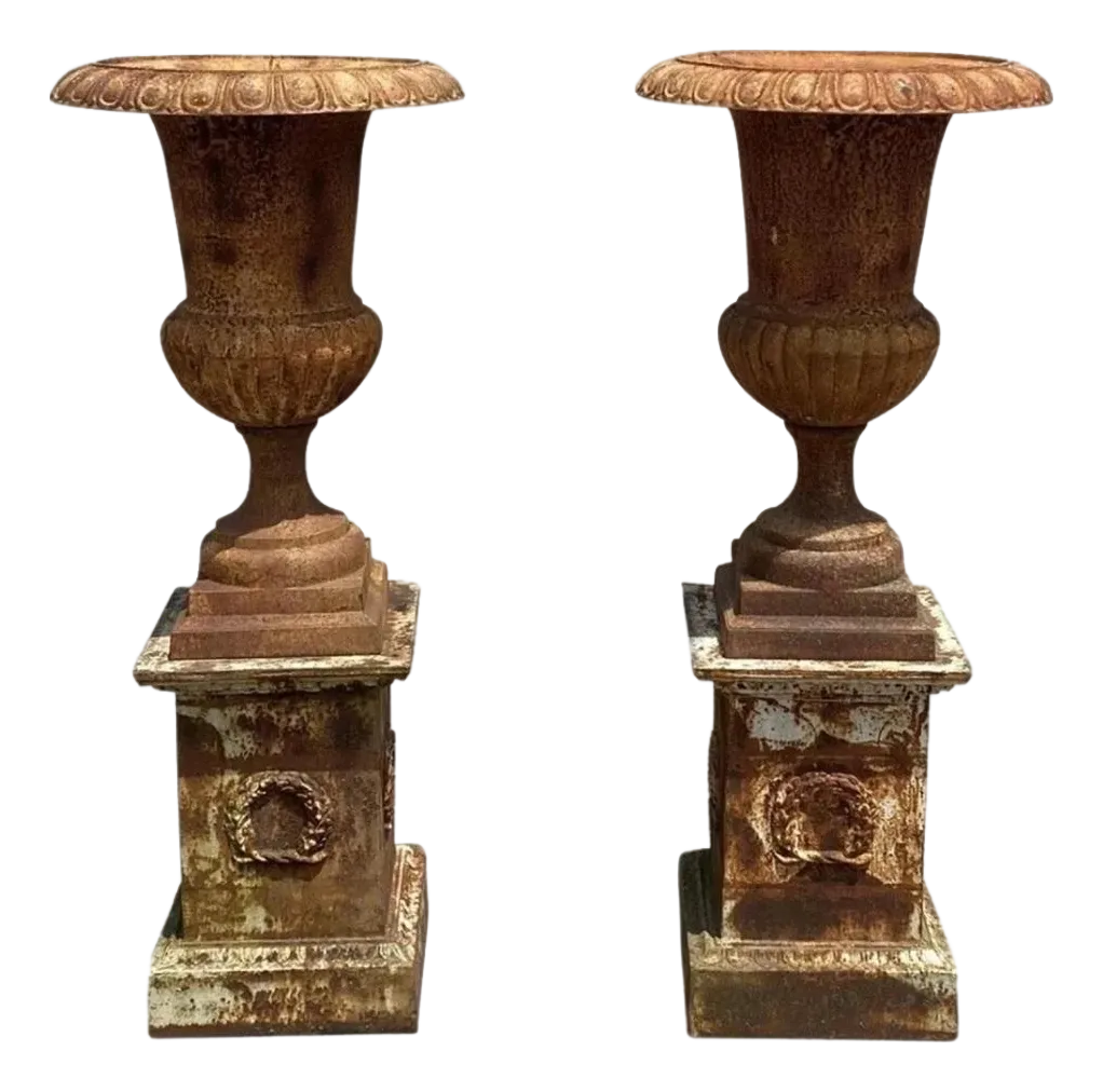 Late 20th Century French Style Cast Iron Campana Urn Planters on Pedestal -  A Pair, image size:1022x1012