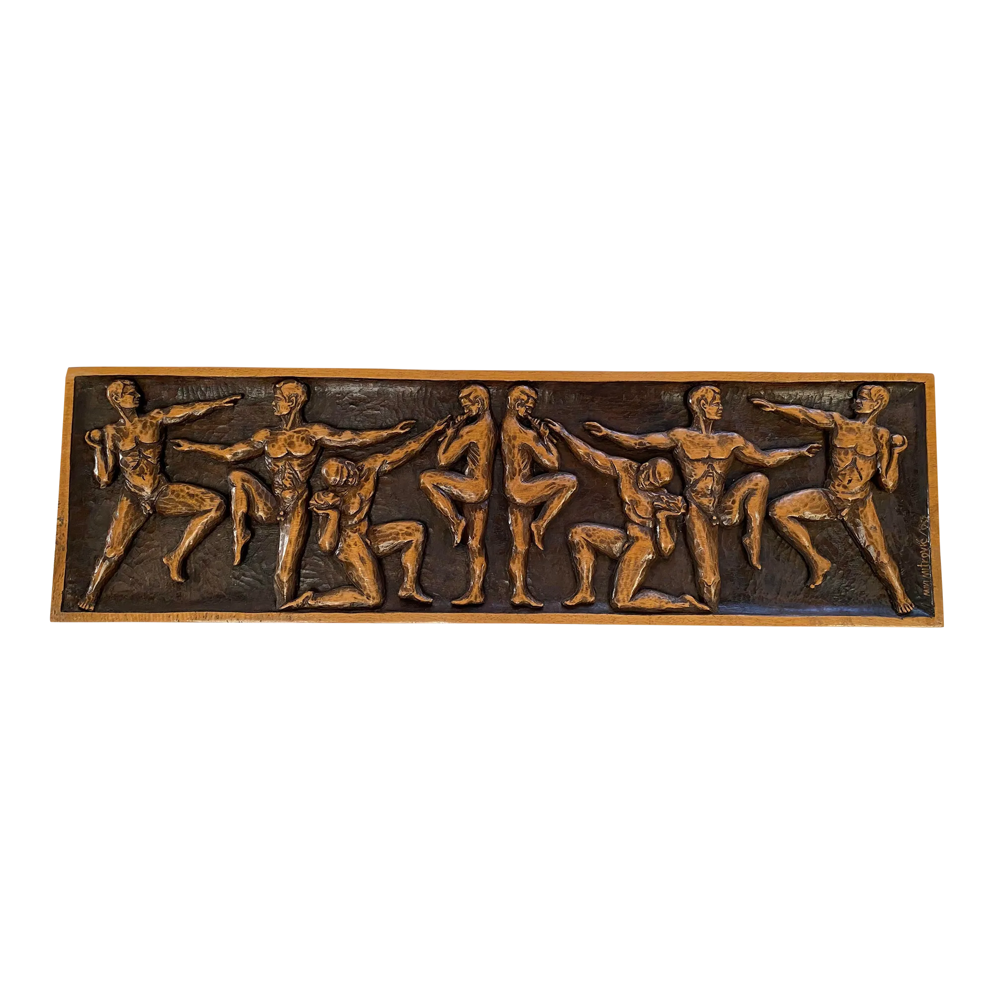 Mid Century Carved Wood Wall Art Plaque of Nude Grecian Olympic