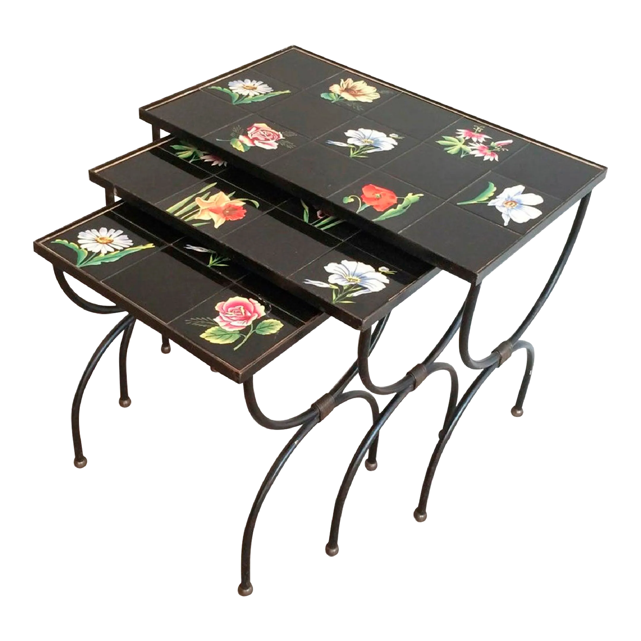 Circa 1950s French Ceramic and Black Iron Nesting Tables Set of 3