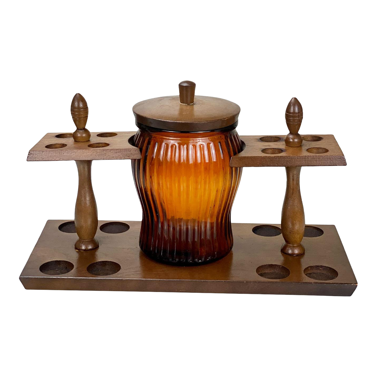 Vintage Traditional Pine Estate Pipe Holder W/ Amber Glass Tobacco